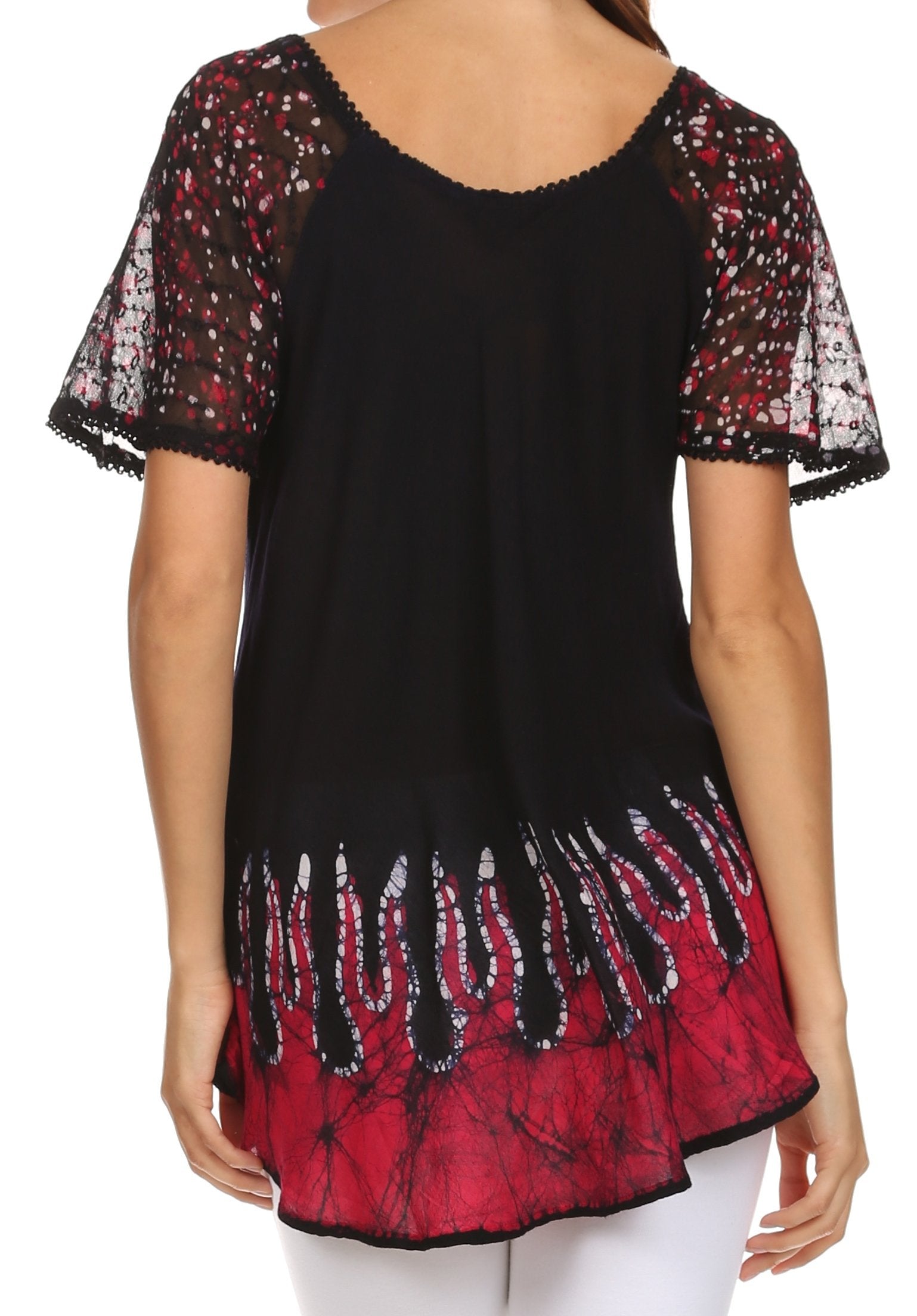 Black and red patterned top with sheer sleeves on a white background
