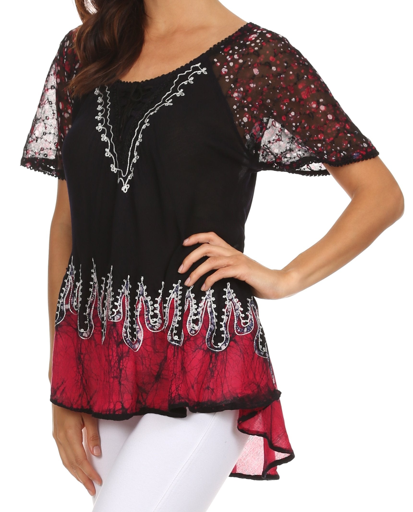 Black and red blouse with lace details on a white background