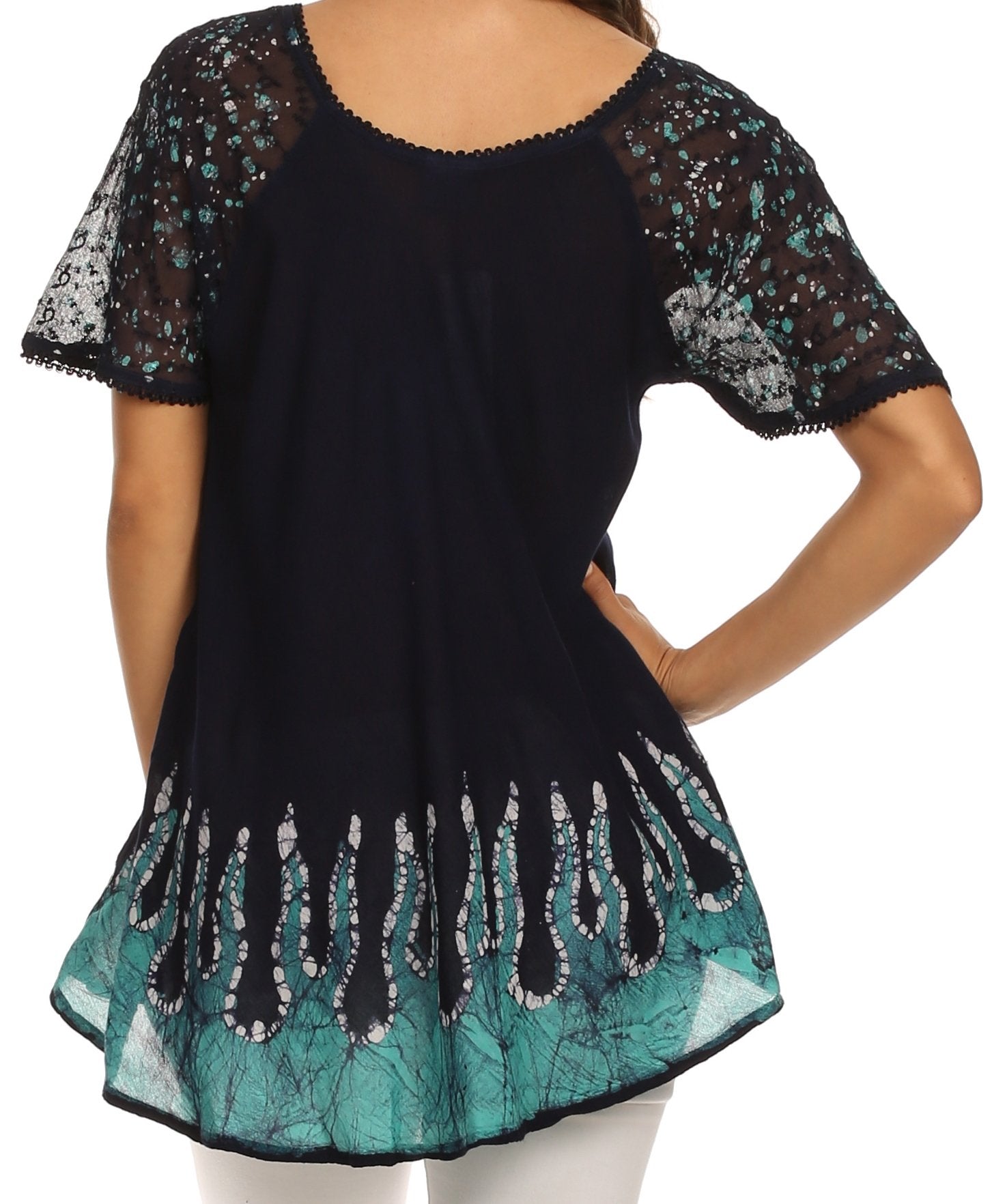 Black and teal top with lace details on a white background