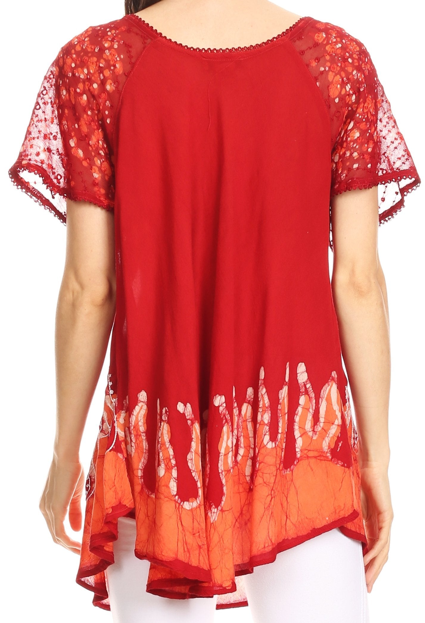 Red and orange top with lace sleeves and hem on a white background