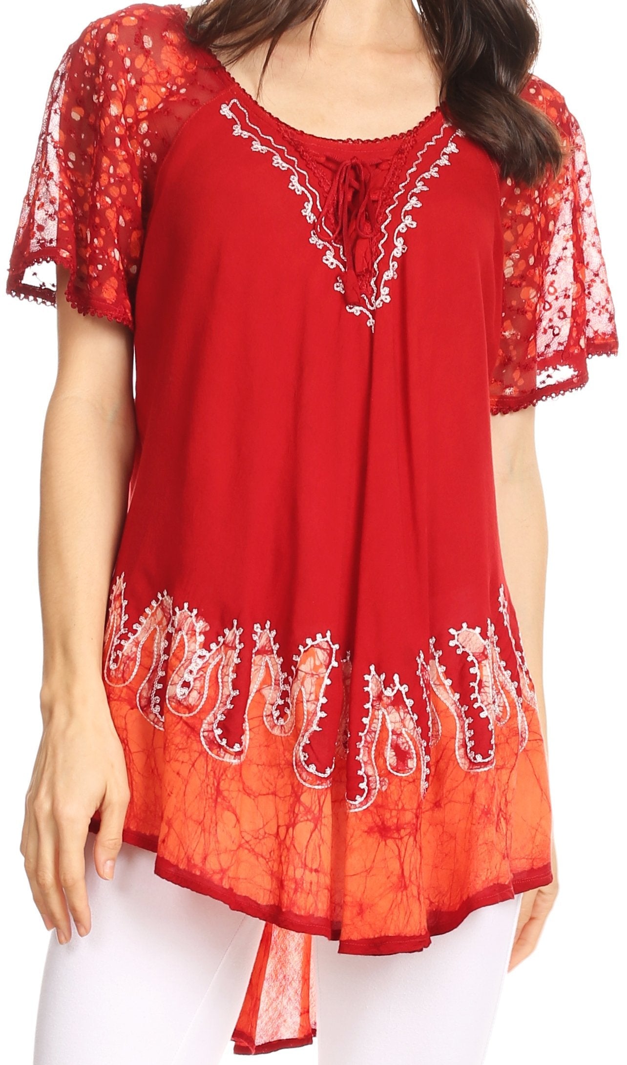 Red lace top with white embroidery on a plain background
