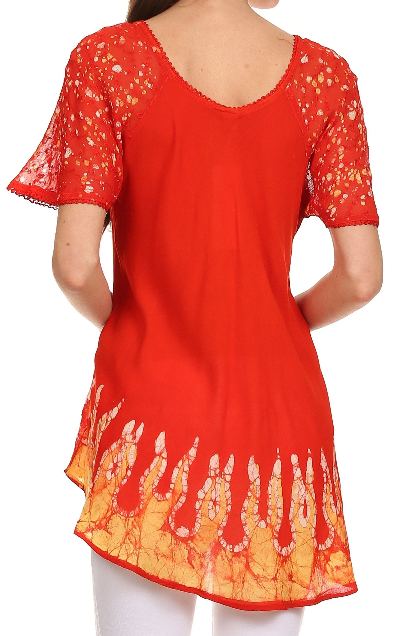 Red lace top with orange floral patterns on a white background