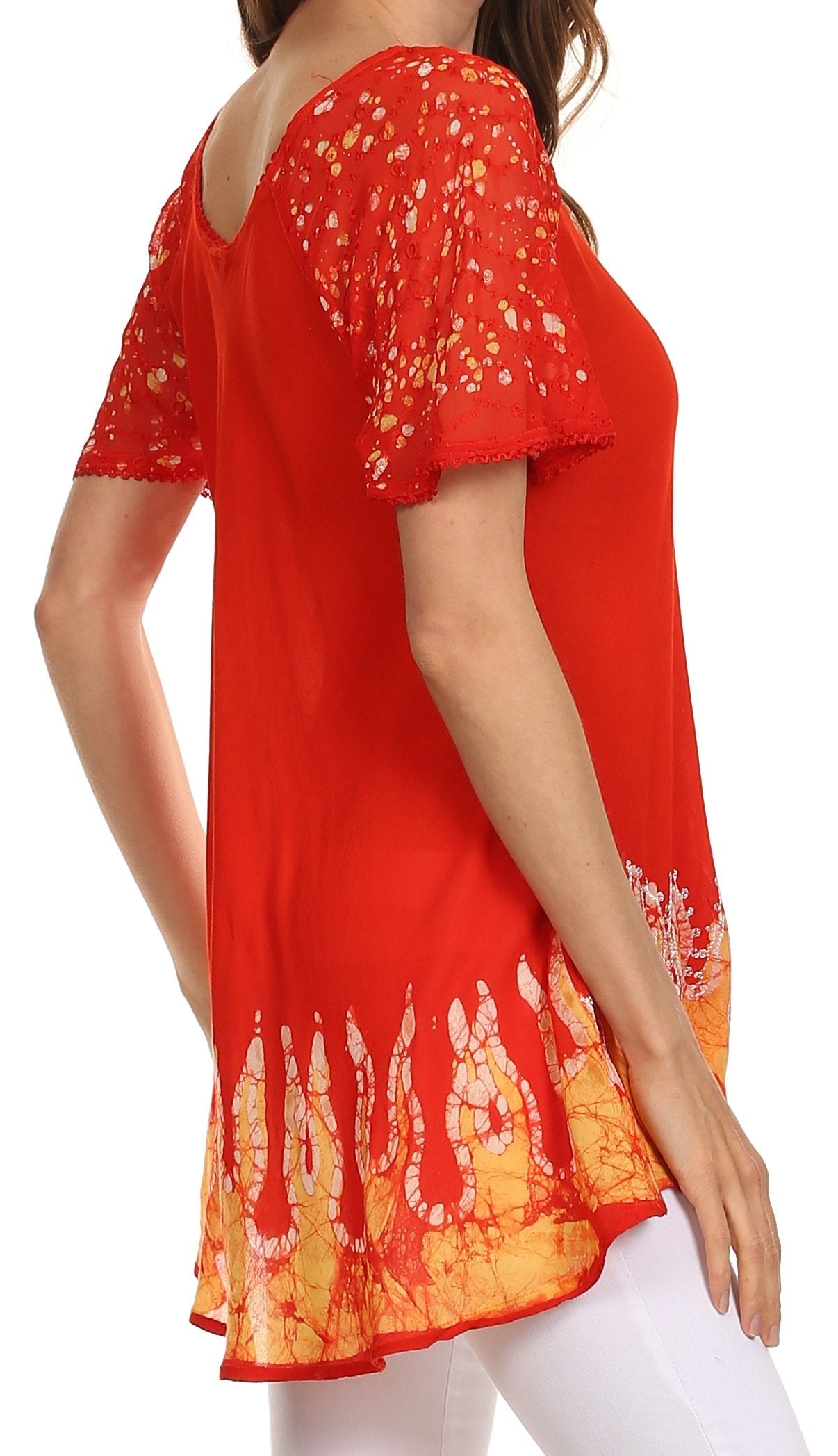Red blouse with floral patterns on a white background
