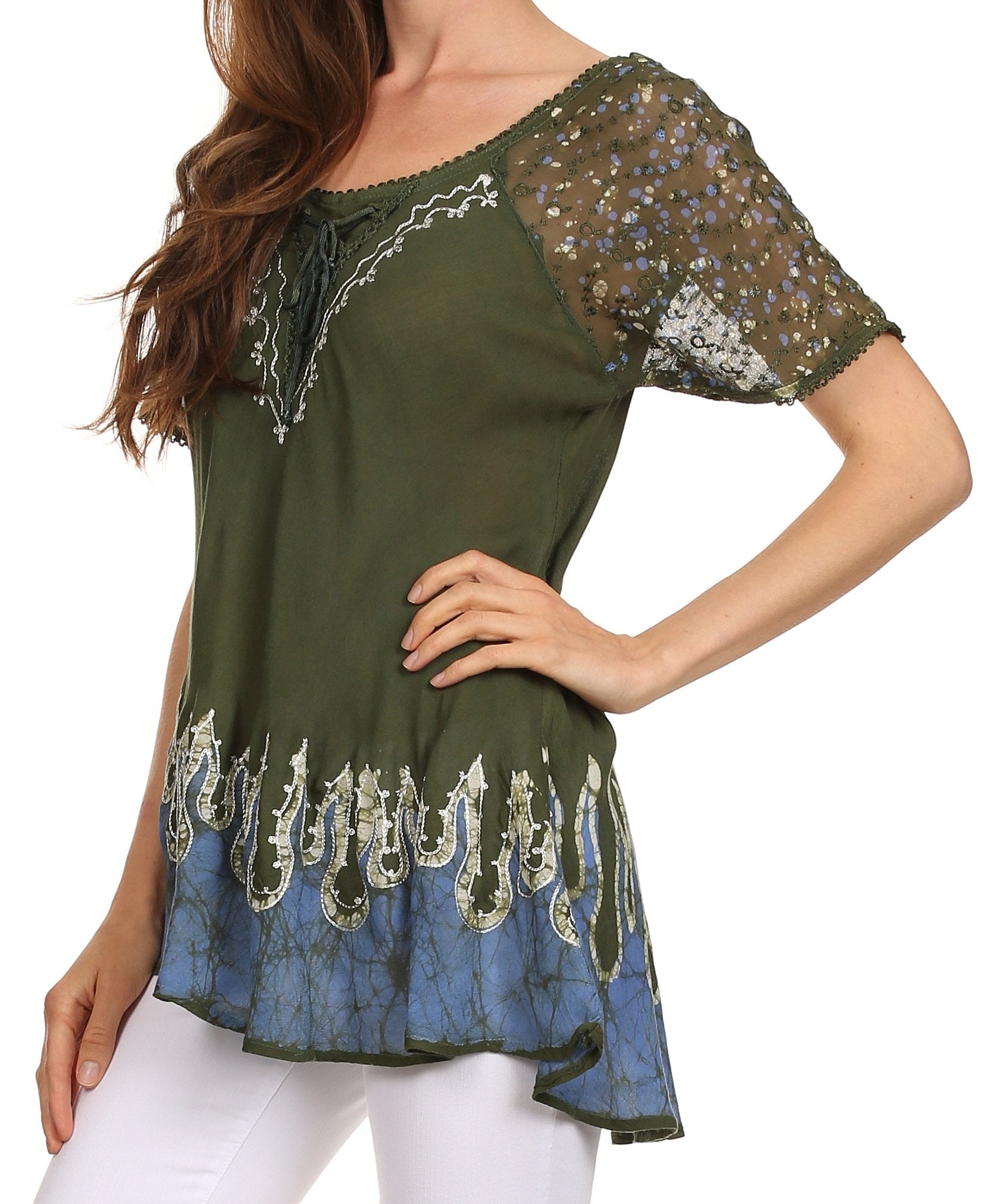 Green blouse with lace details worn by a model on a white background