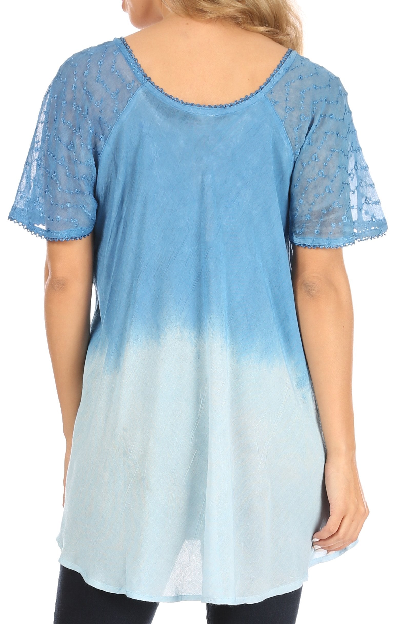 Blue and white gradient tunic with lace sleeves on a plain background