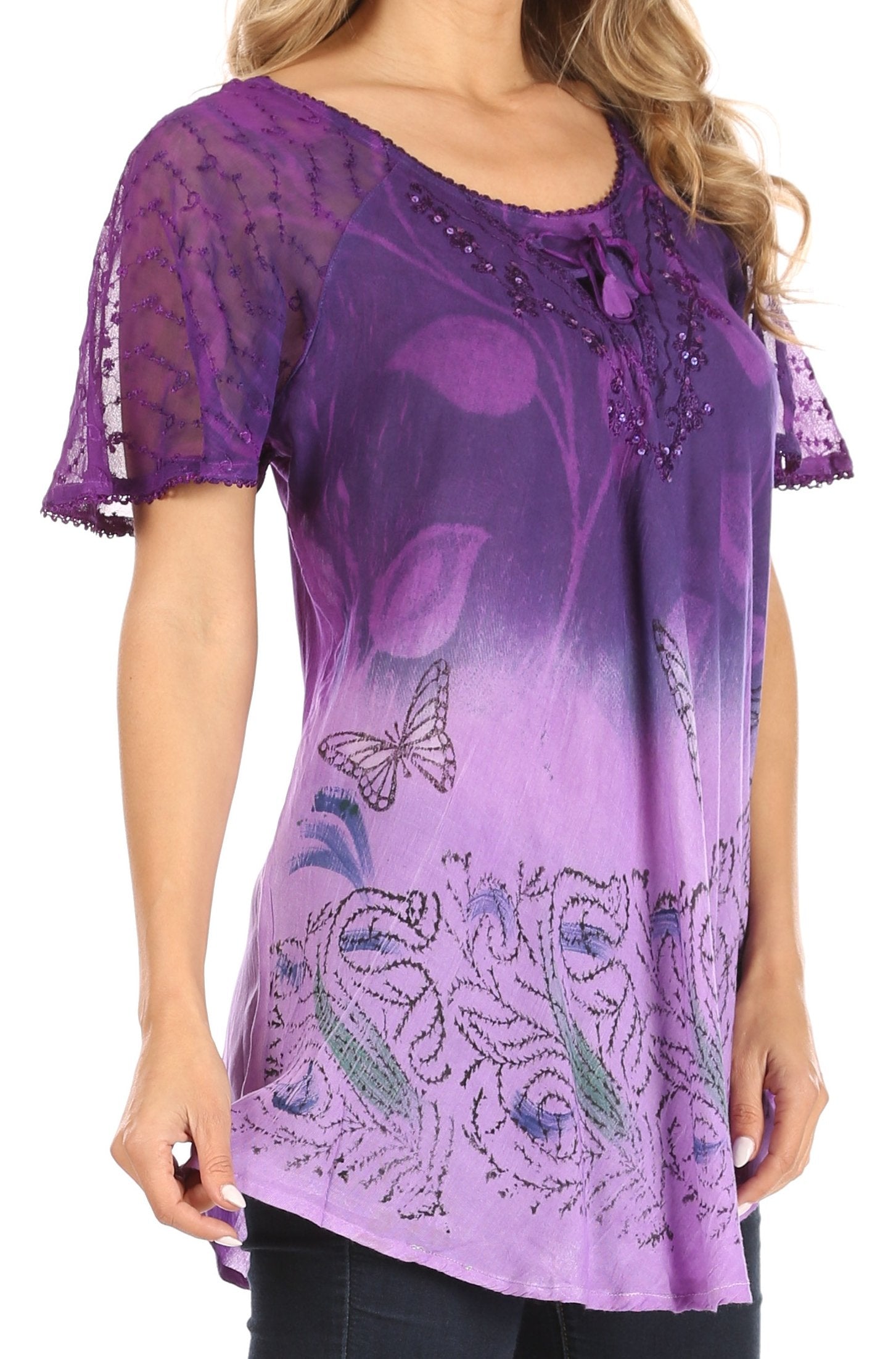 Purple lace top with butterfly designs on a white background