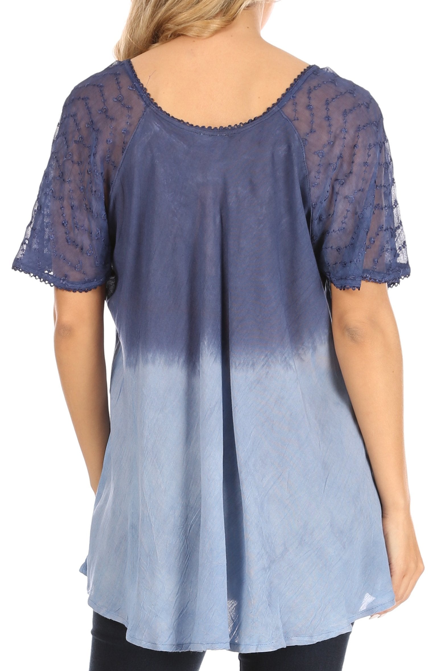 Blue ombre tunic with lace sleeves on a white background