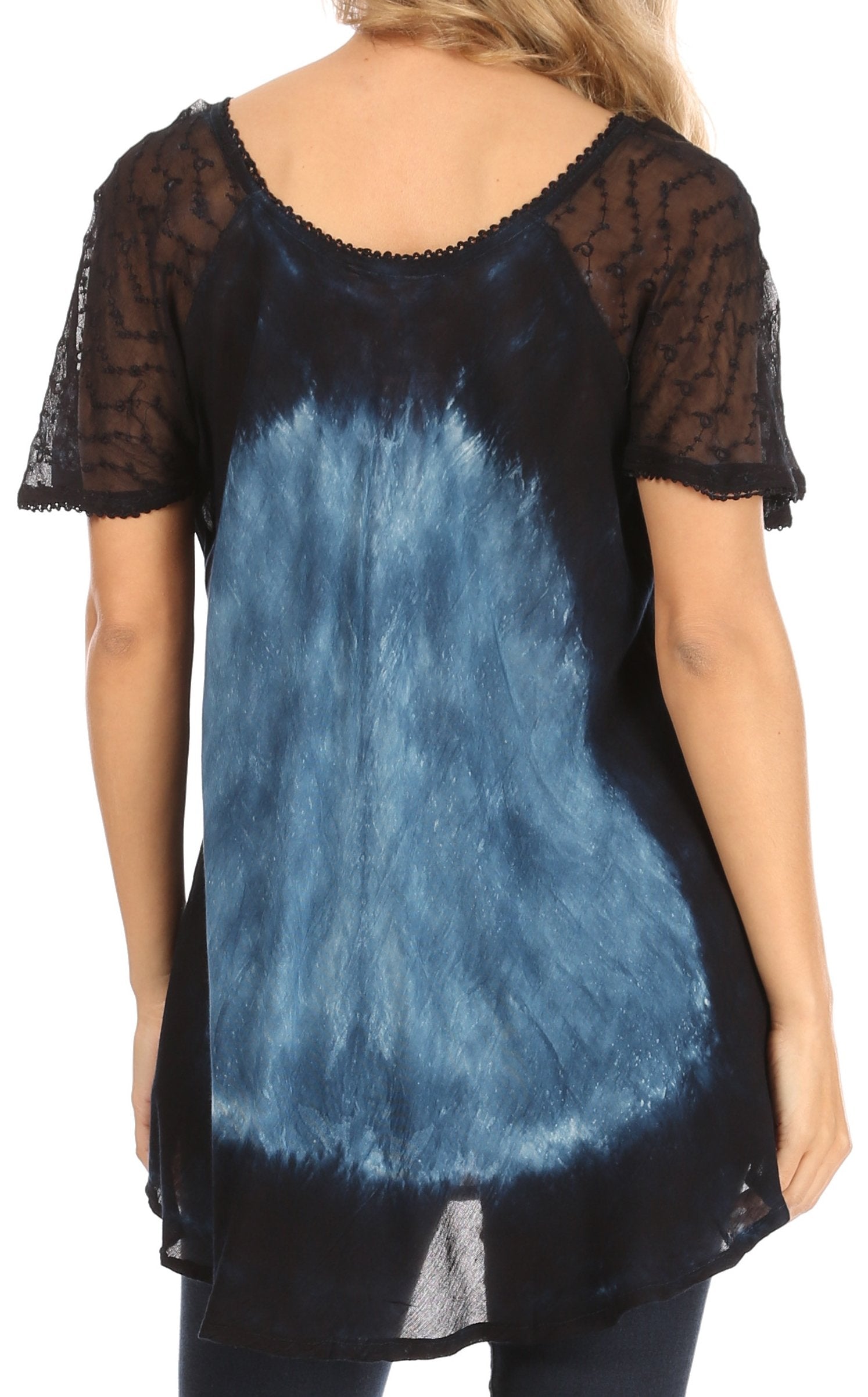 Black top with sheer sleeves and a blue gradient design on a white background