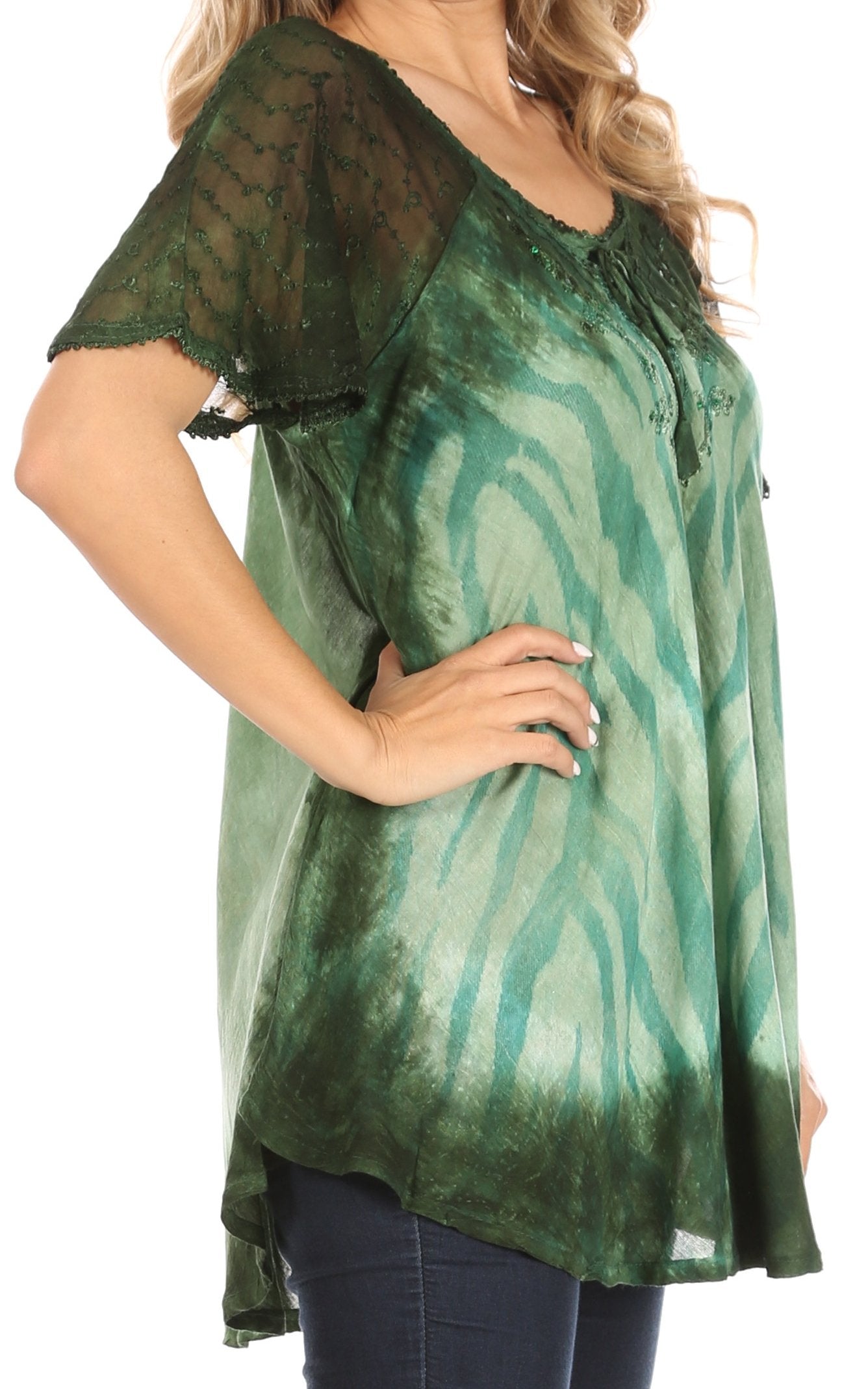 Green tie-dye shirt worn by a person on a white background