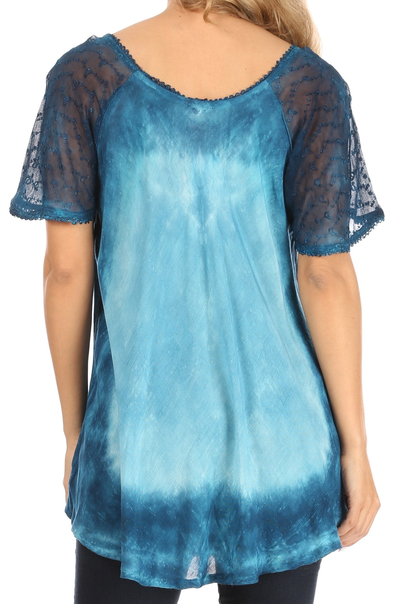 Blue tie-dye top with sheer sleeves on a white background