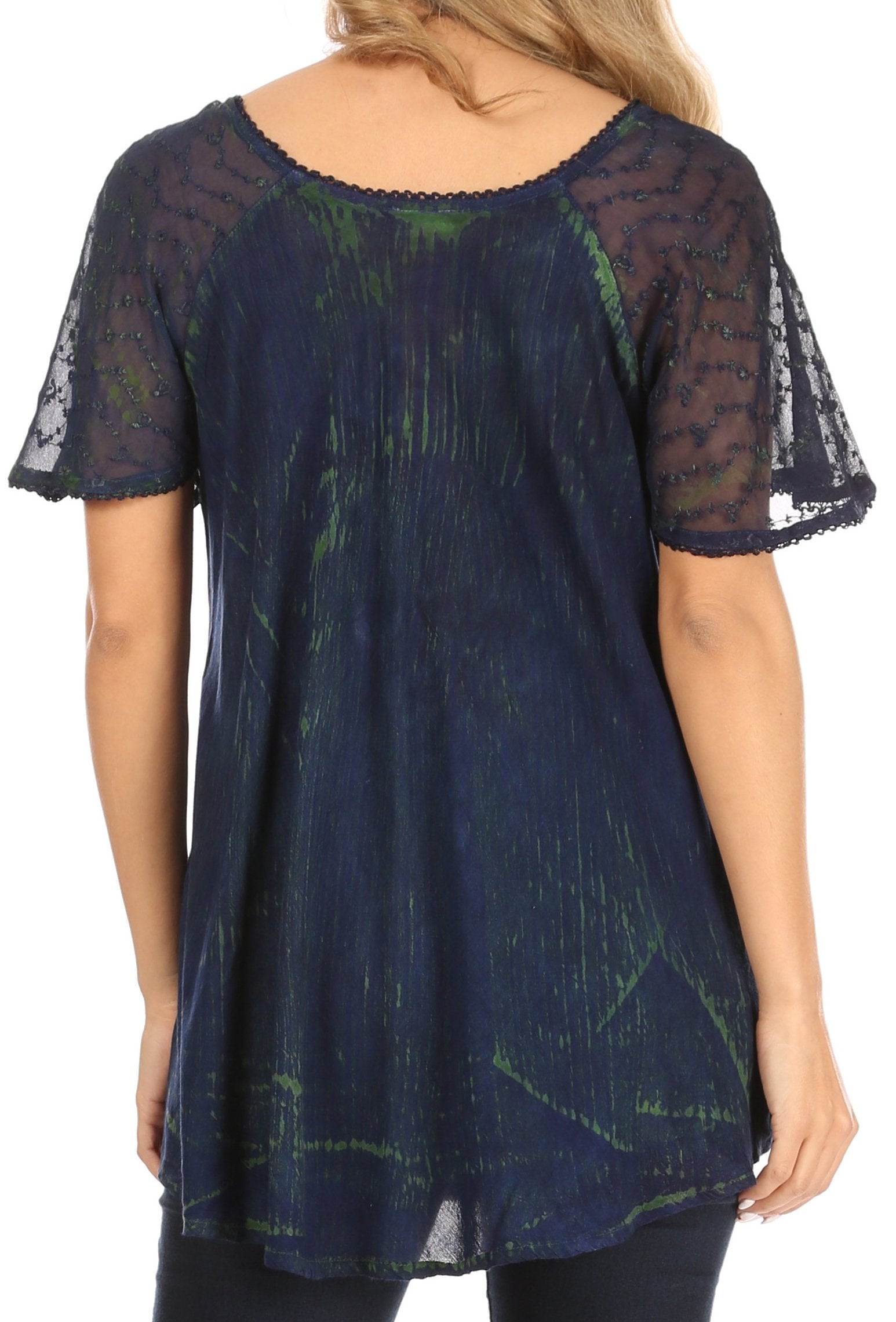 Navy blue lace top worn by a person on a white background