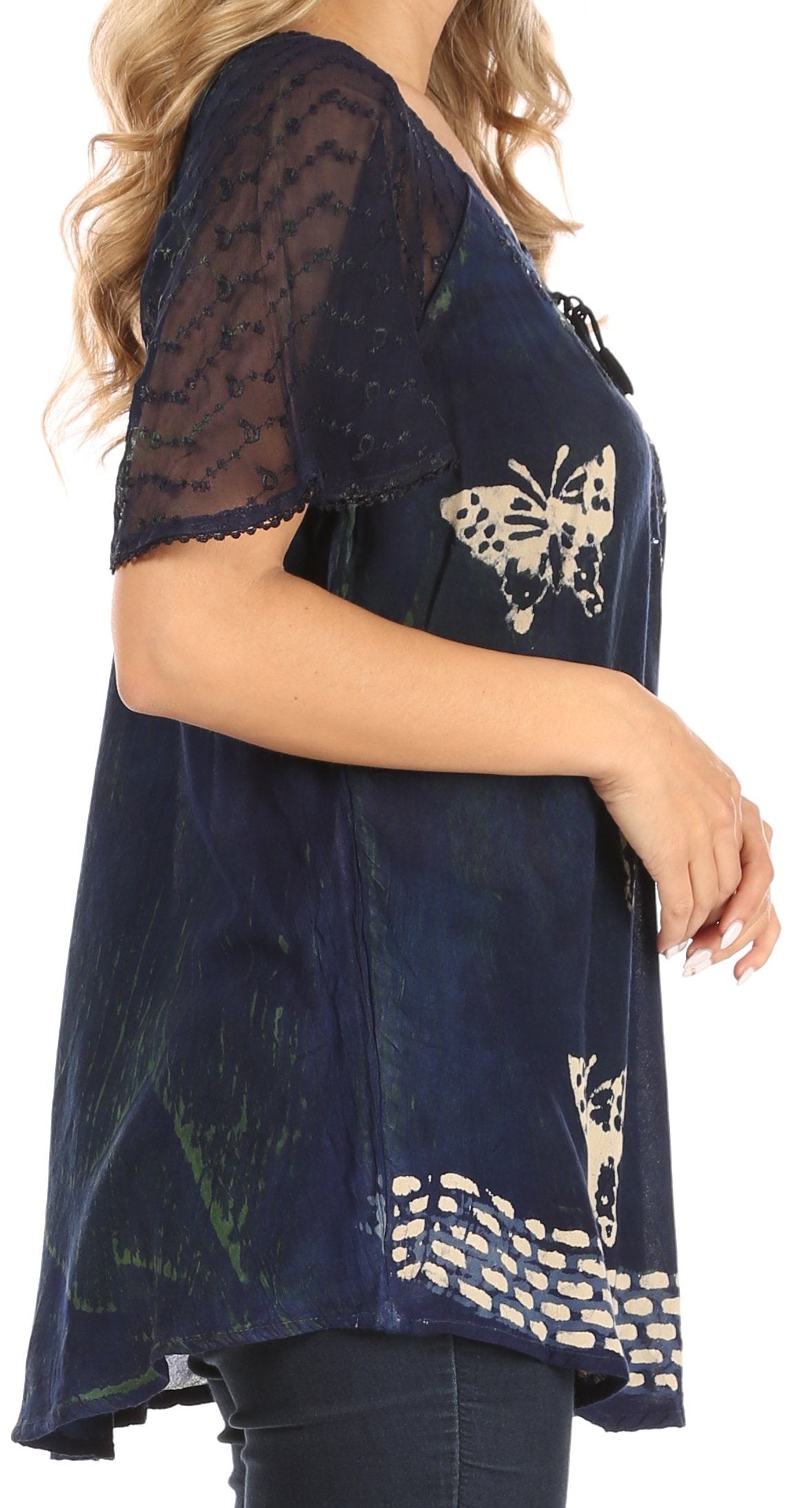 Navy blue top with butterfly designs on a white background