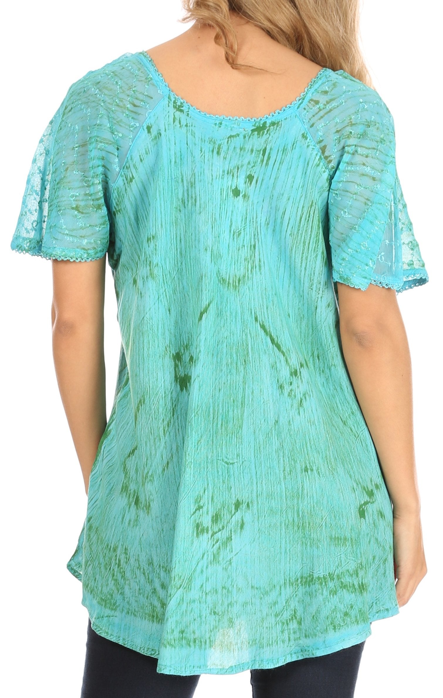 Light blue and green tie-dye top worn by a person on a white background