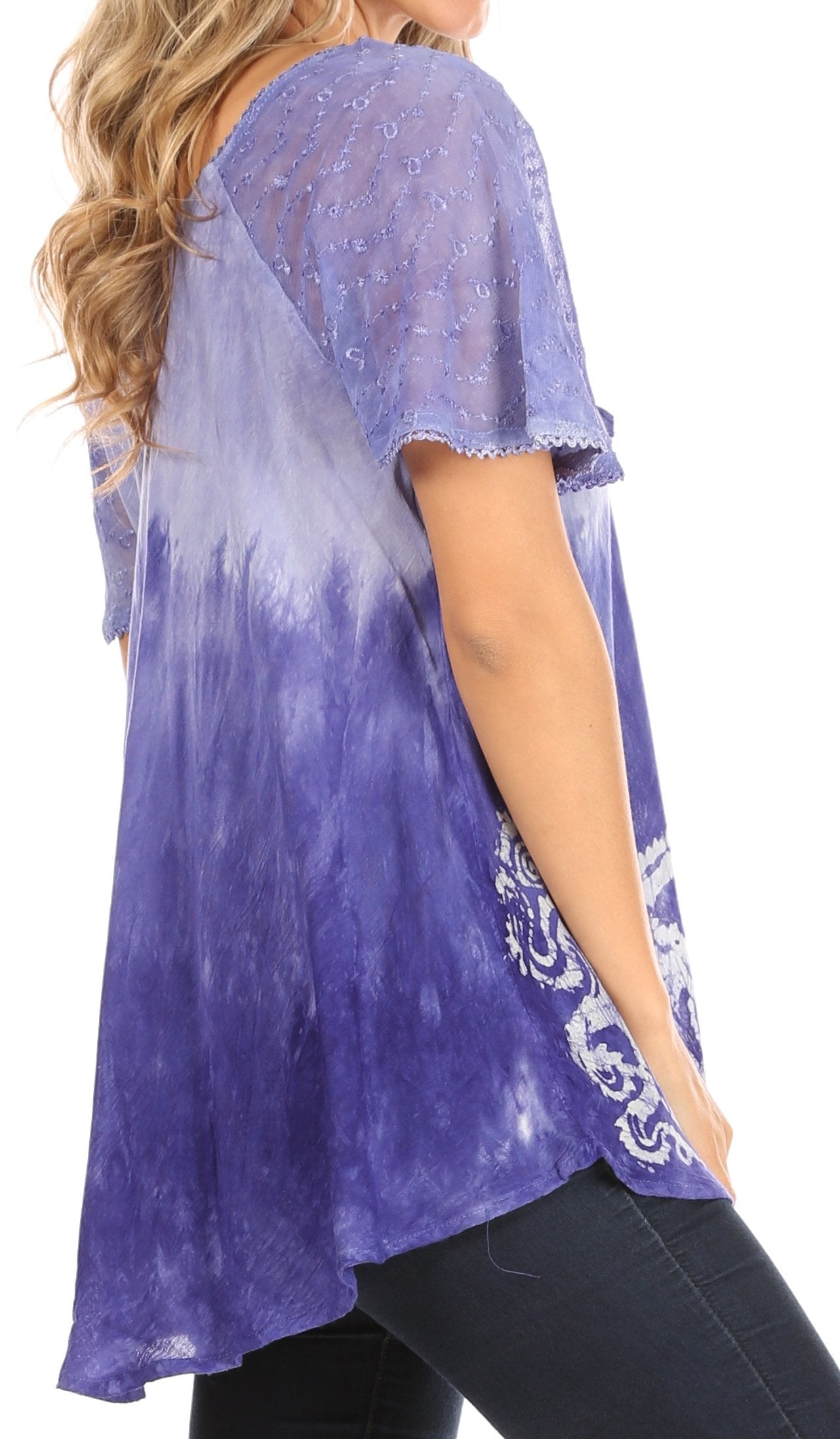 Purple tie-dye shirt with lace details worn by a person on a white background