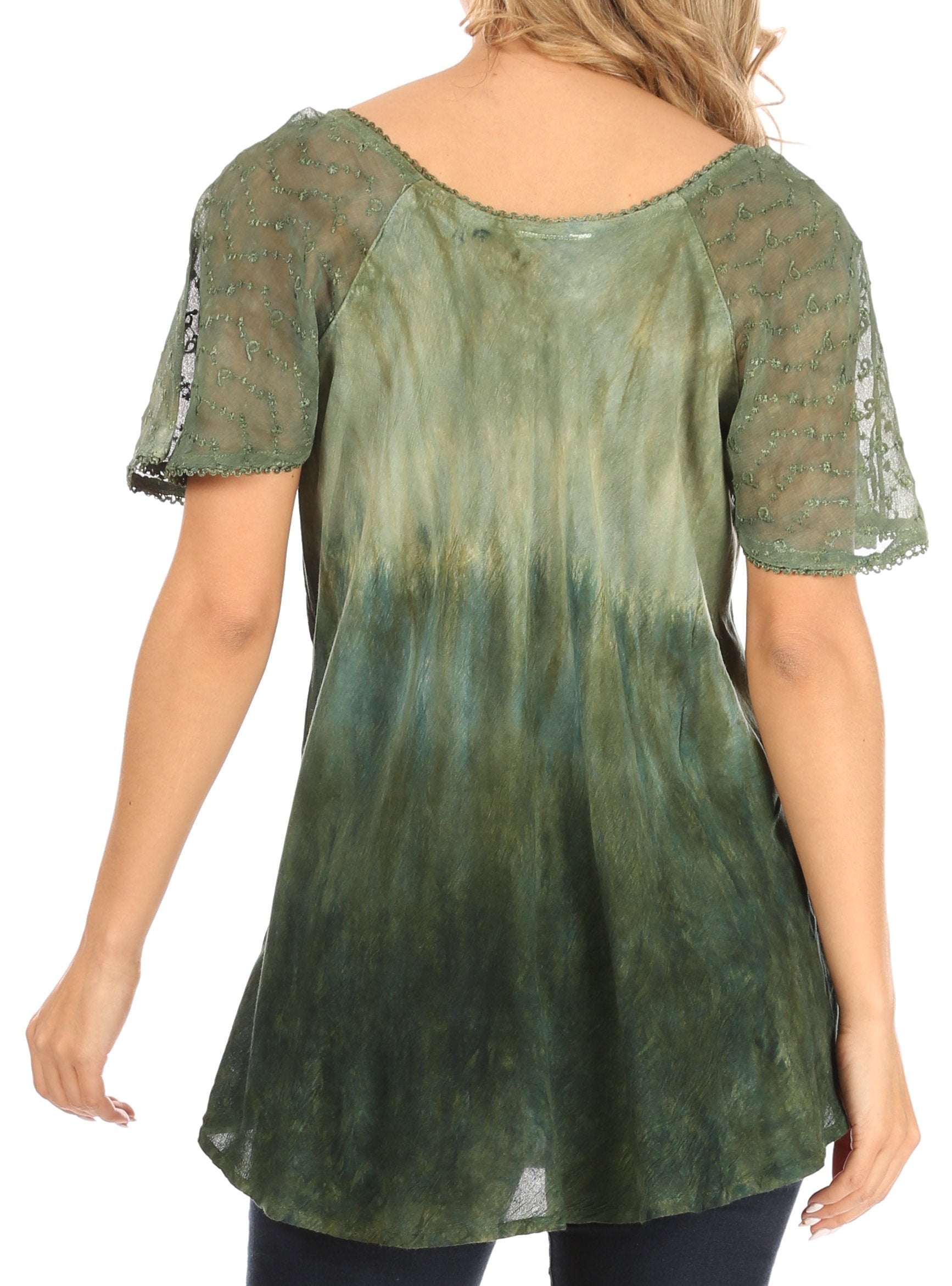 Green tie-dye blouse with sheer sleeves on a white background