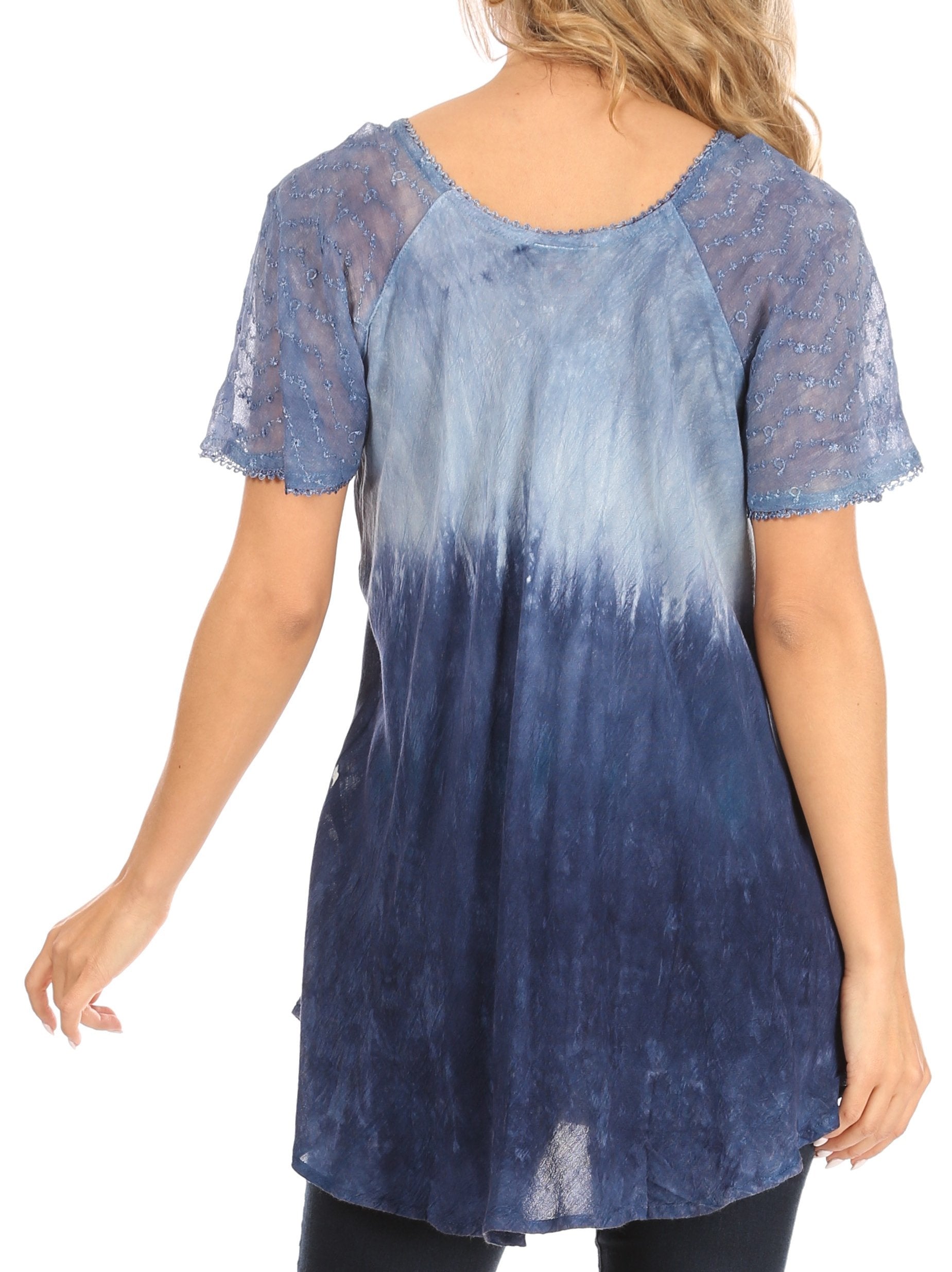 Blue tie-dye tunic with sheer sleeves on a white background