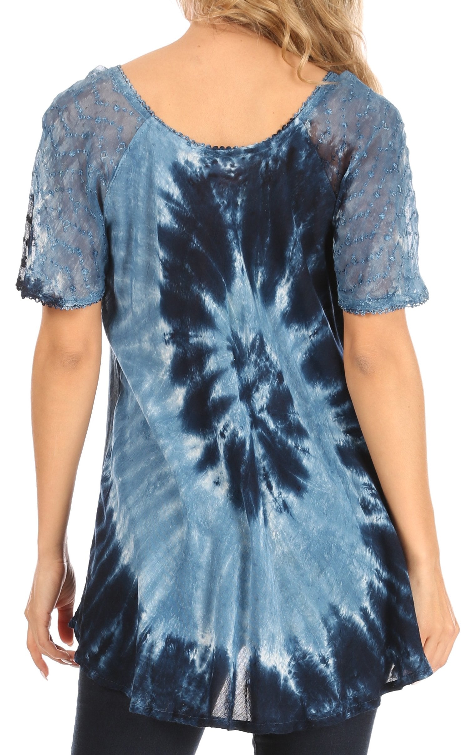 Blue tie-dye tunic with sheer sleeves on a white background