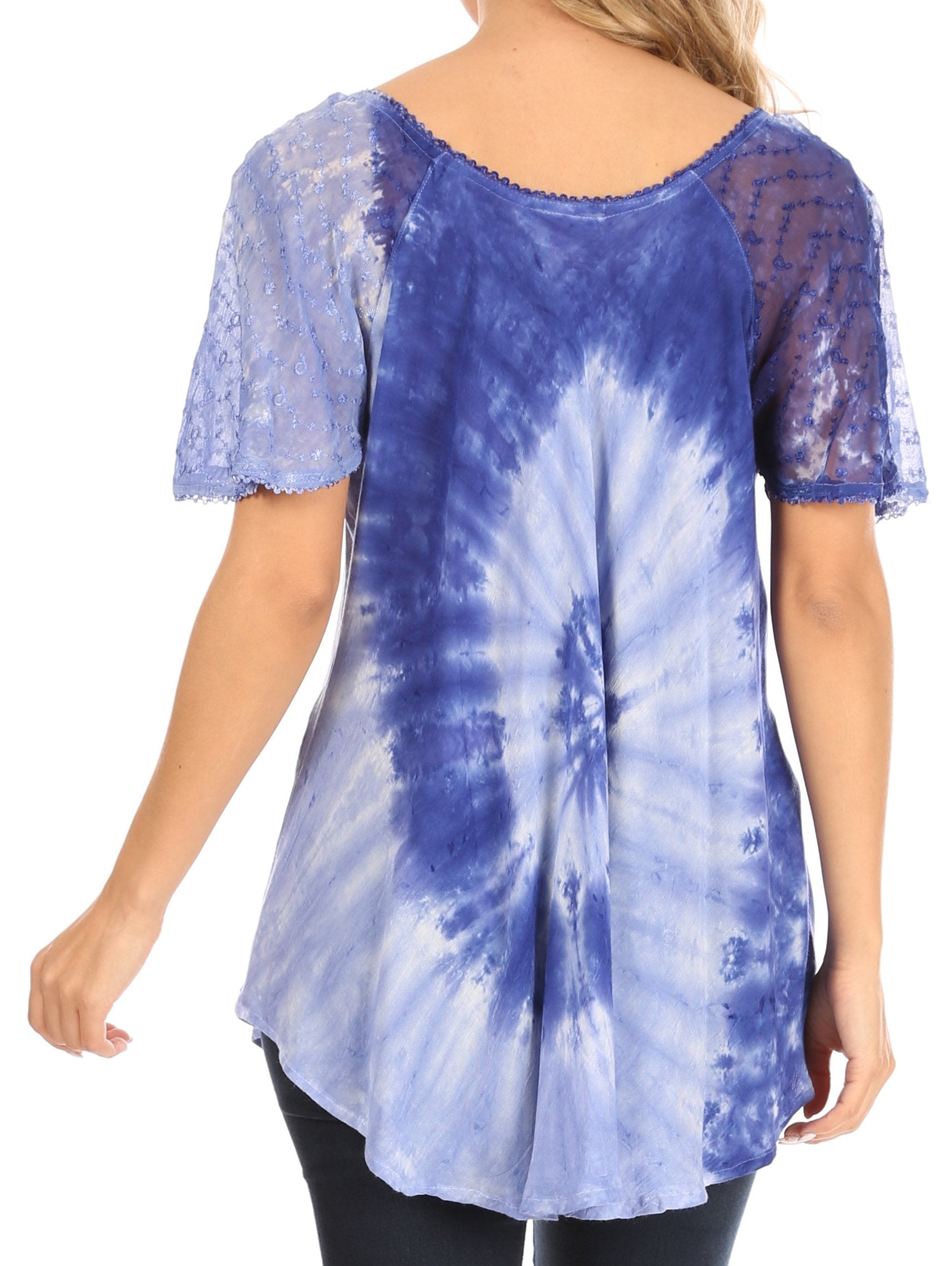 Blue tie-dye shirt with sheer sleeves worn by a person on a white background
