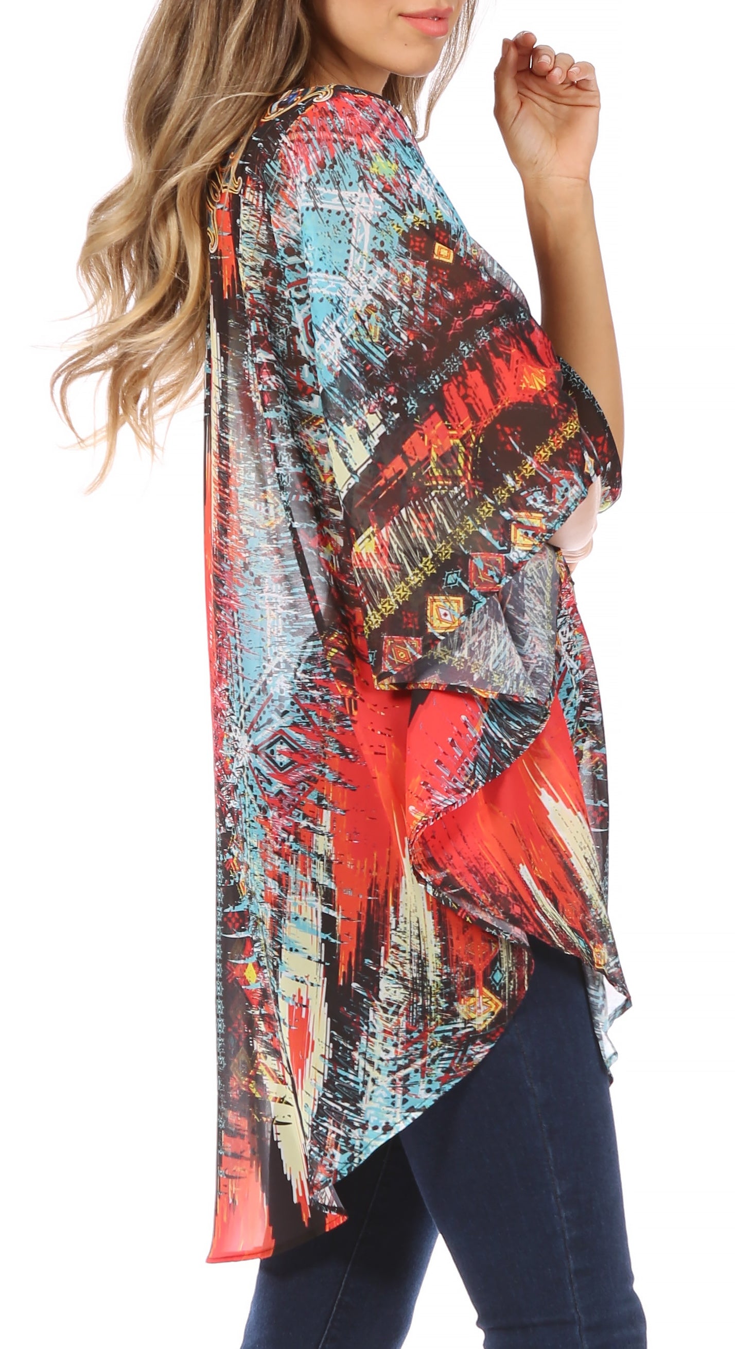 Multicolored patterned kimono-style garment worn by a person on a white background