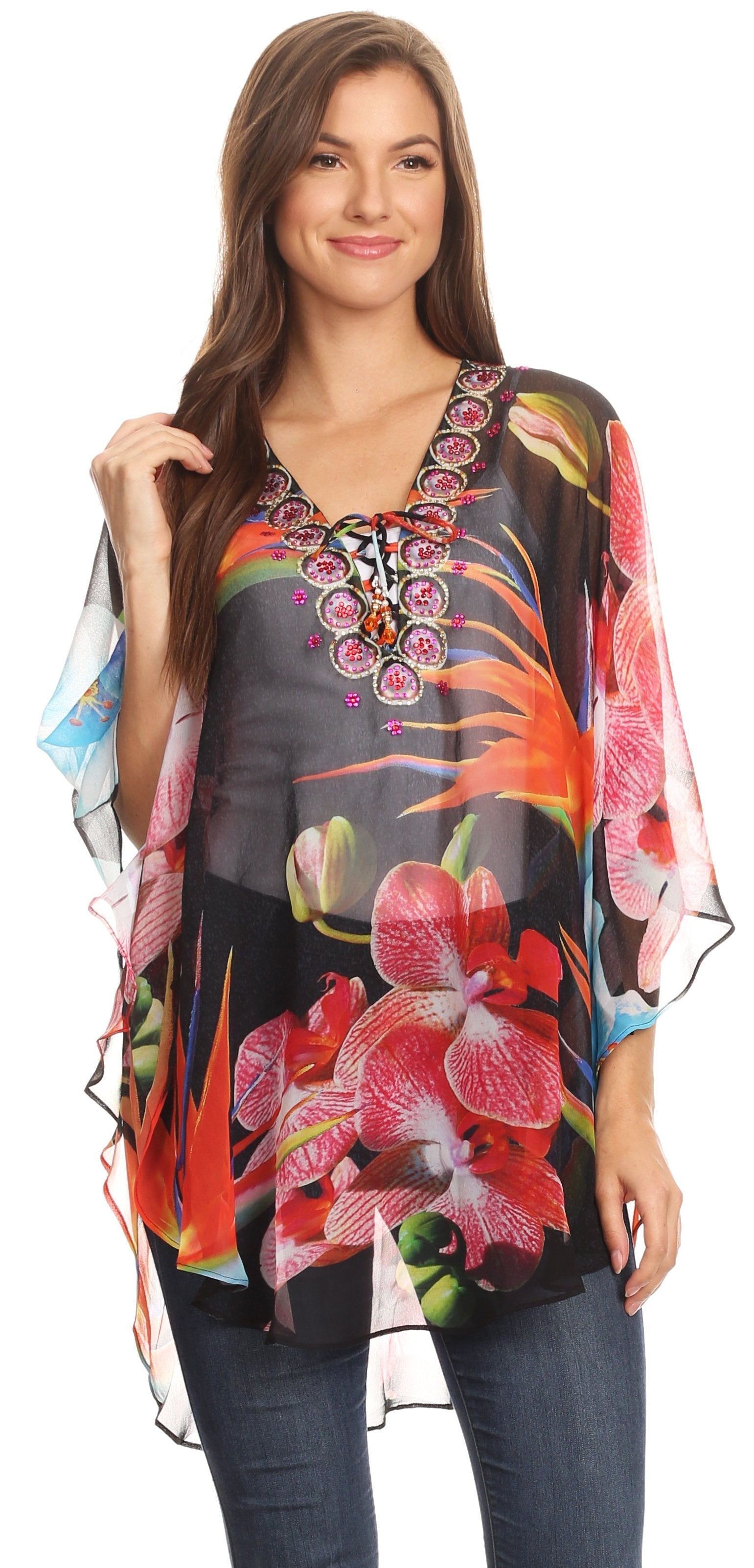 Woman wearing a colorful floral blouse with a white background