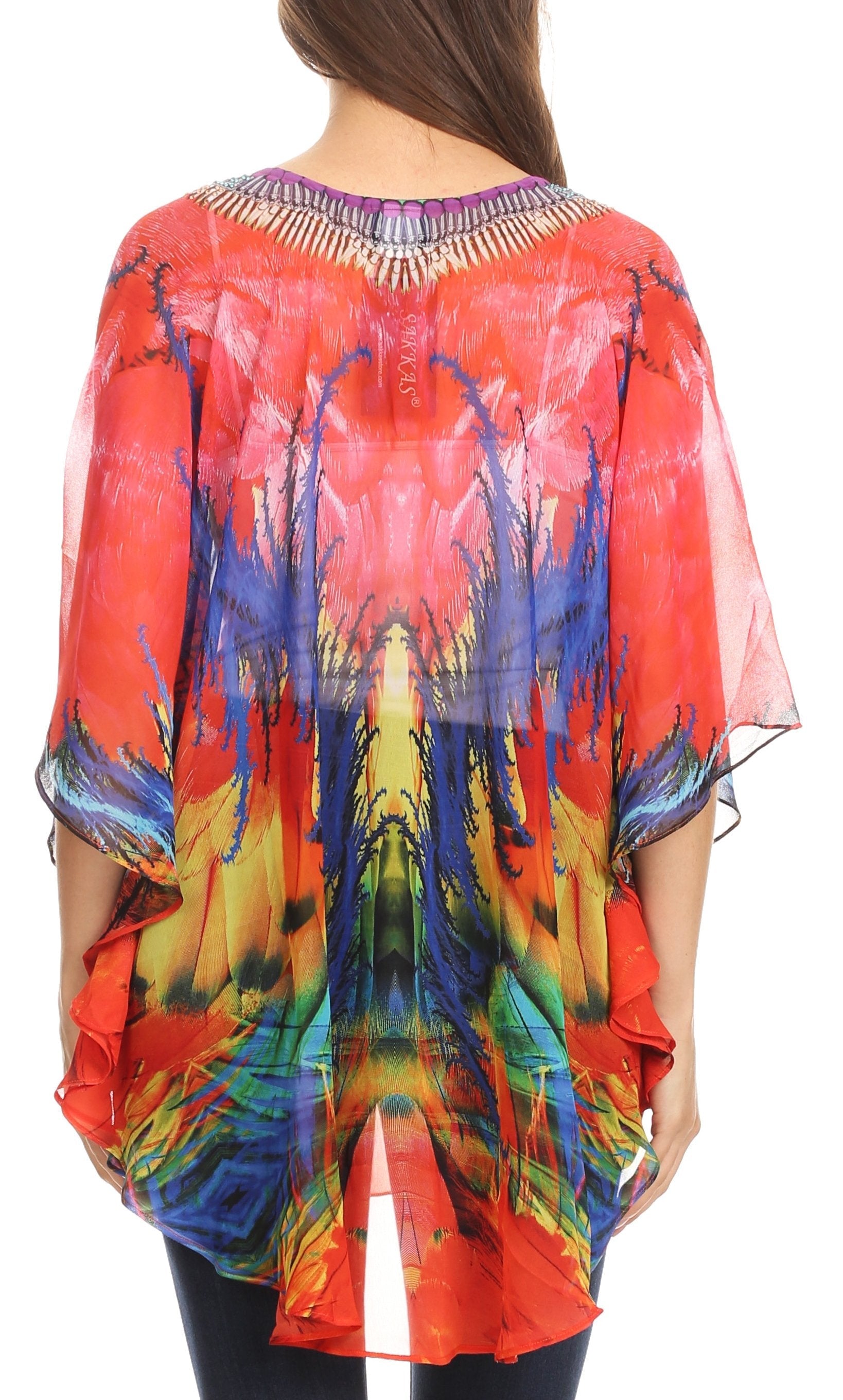 Colorful tie-dye kimono-style top on a white background