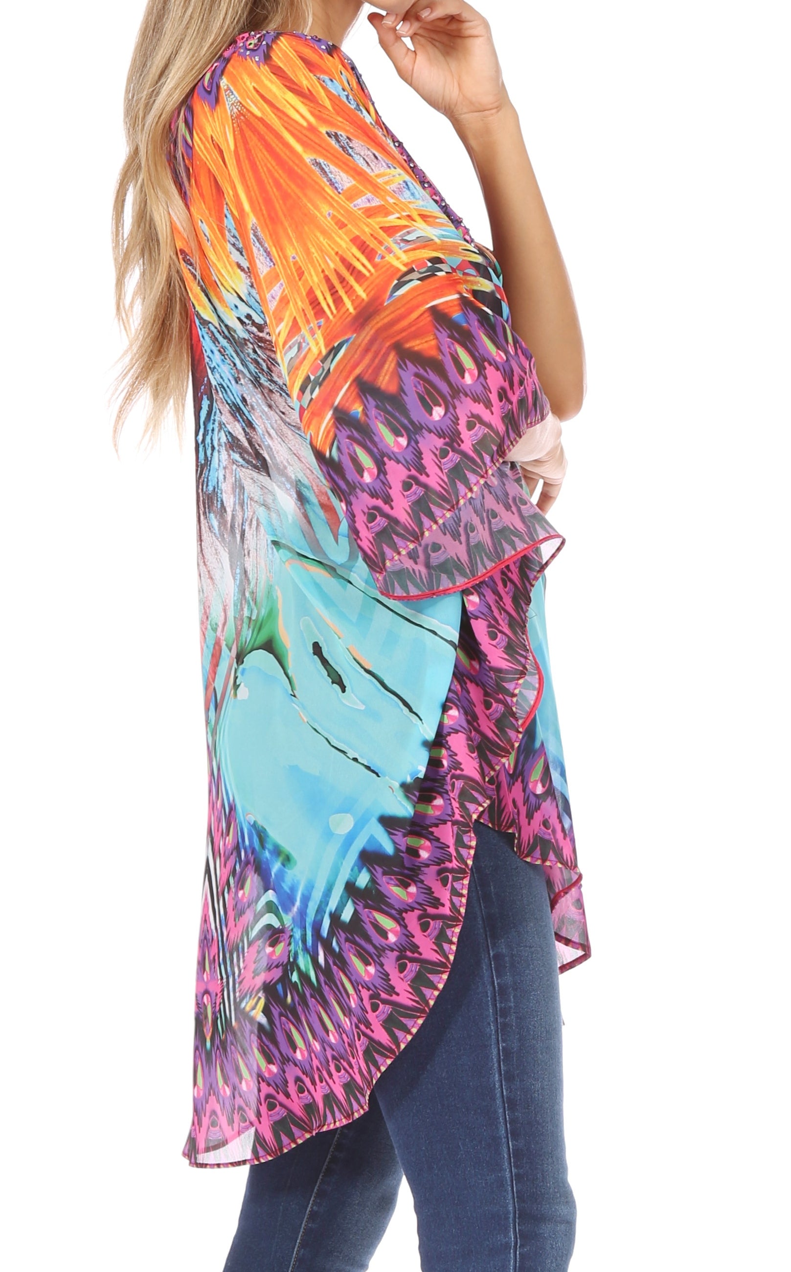 Colorful tie-dye shirt worn by a person on a white background