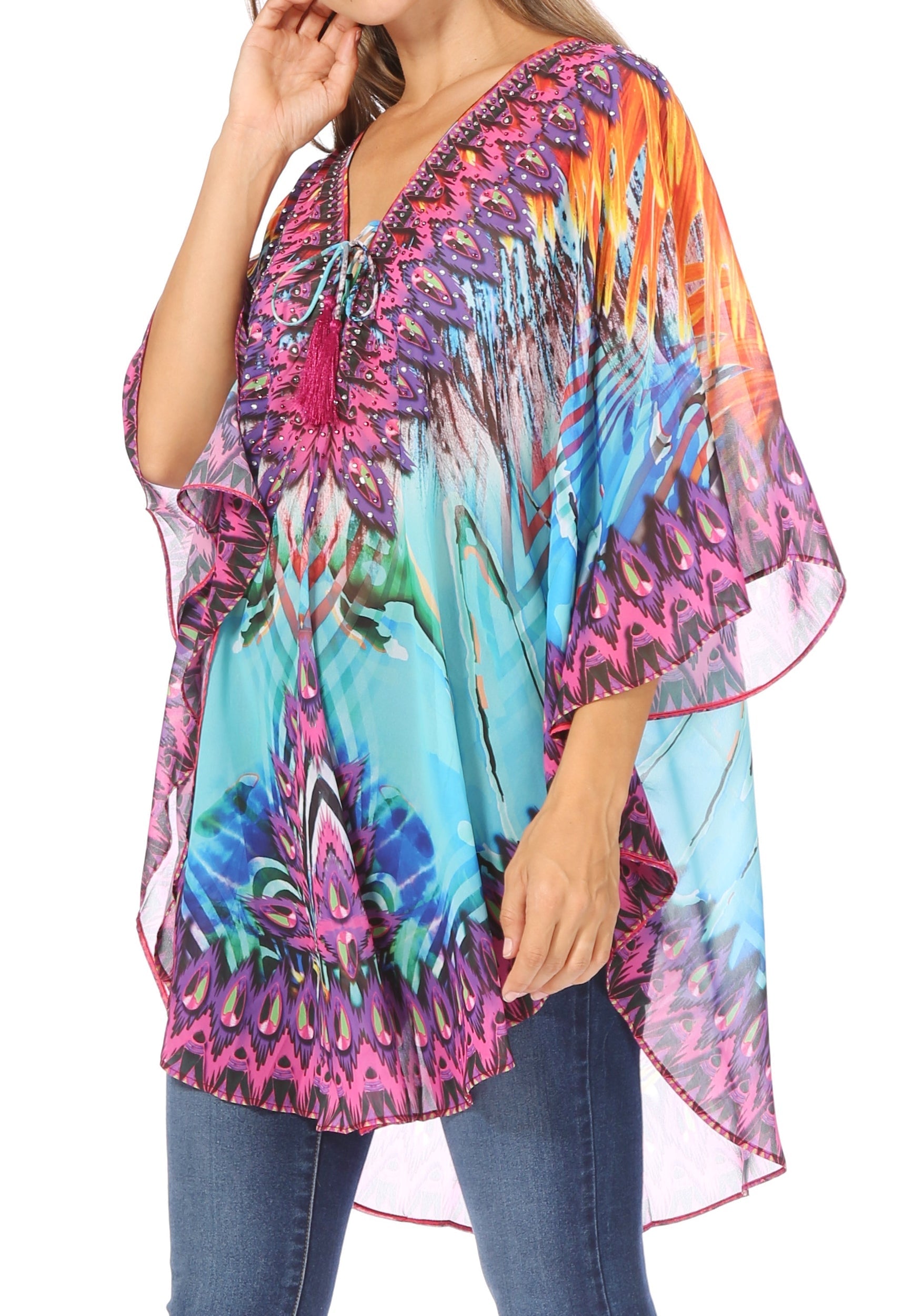 Multicolored tie-dye kimono-style top worn by a person on a white background