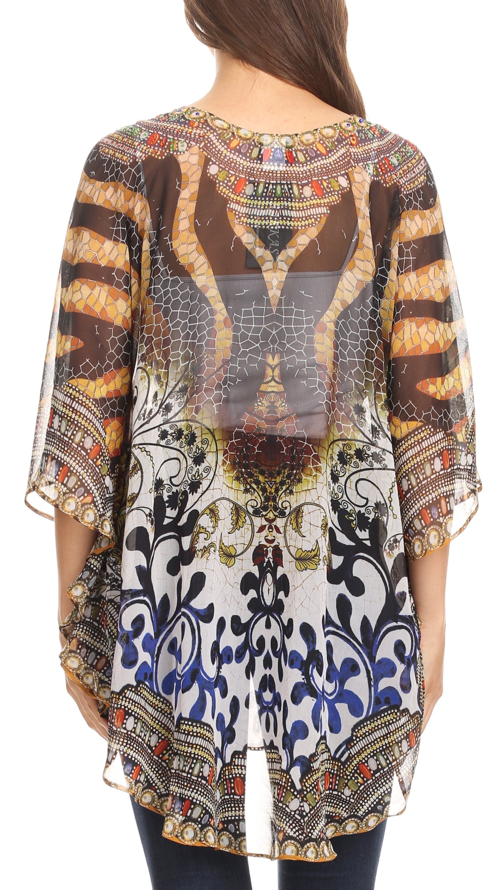 Multicolored patterned top worn by a person on a white background