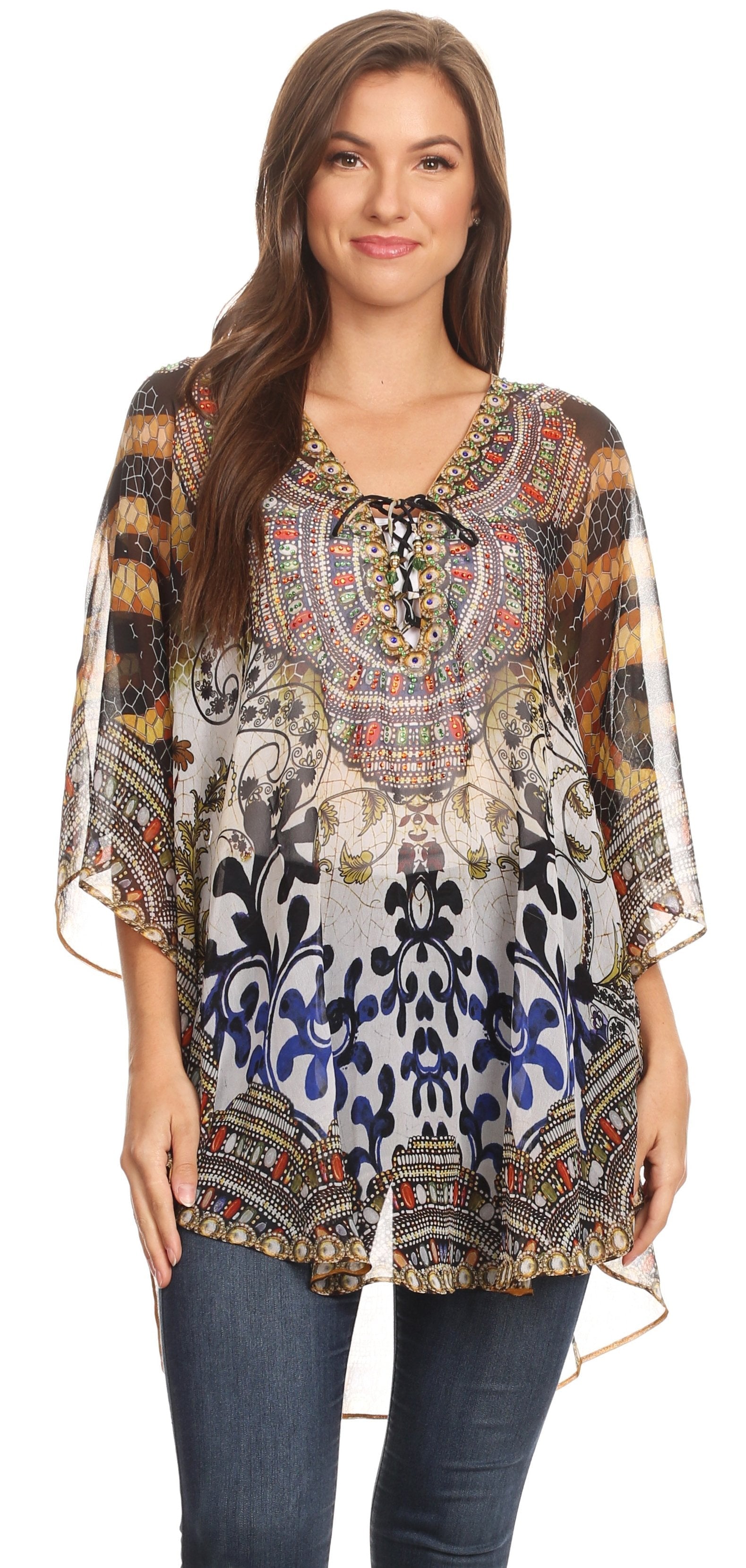 Woman wearing a patterned blouse with a white background