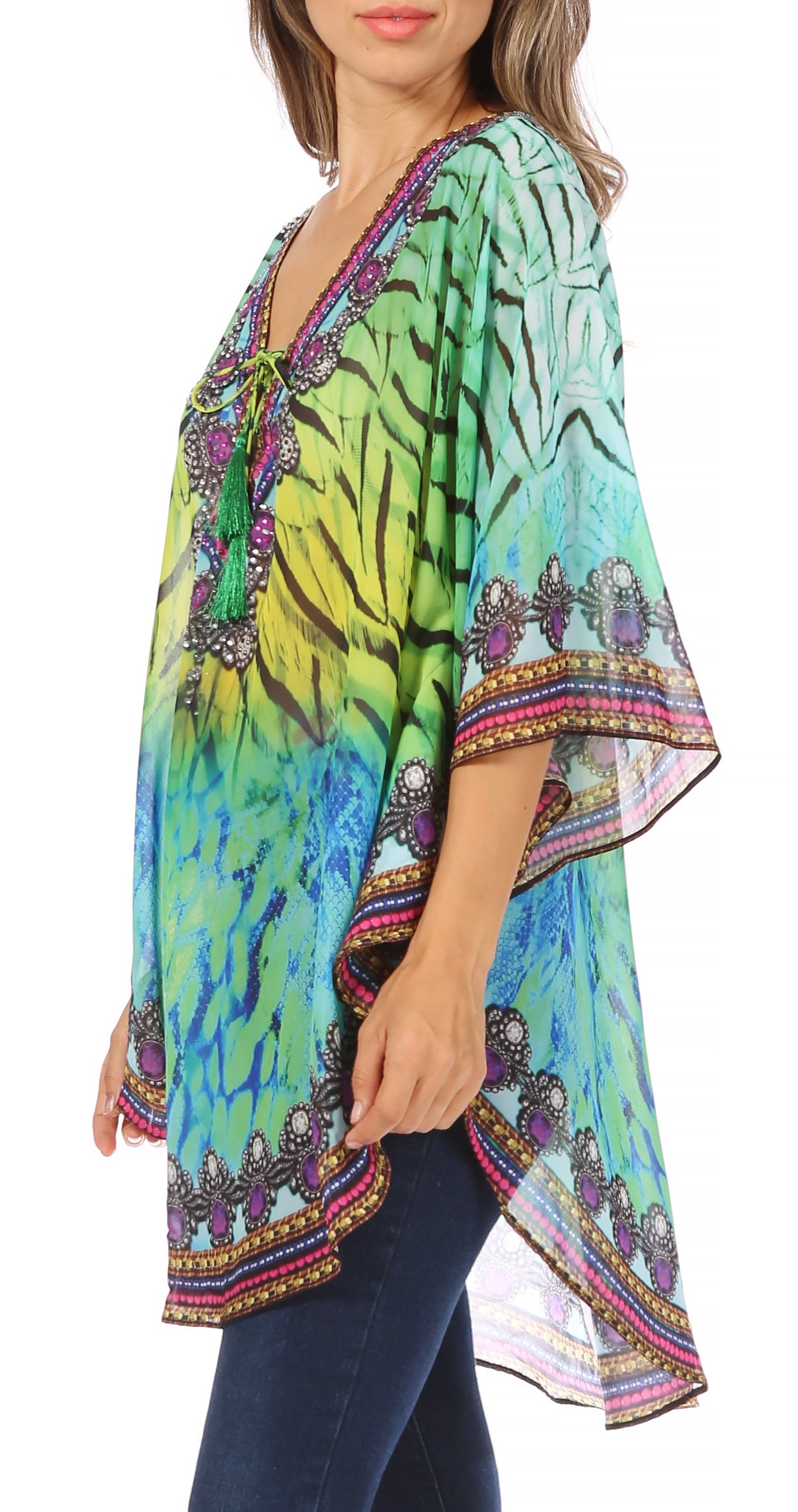 Colorful patterned kimono-style garment worn by a model on a white background