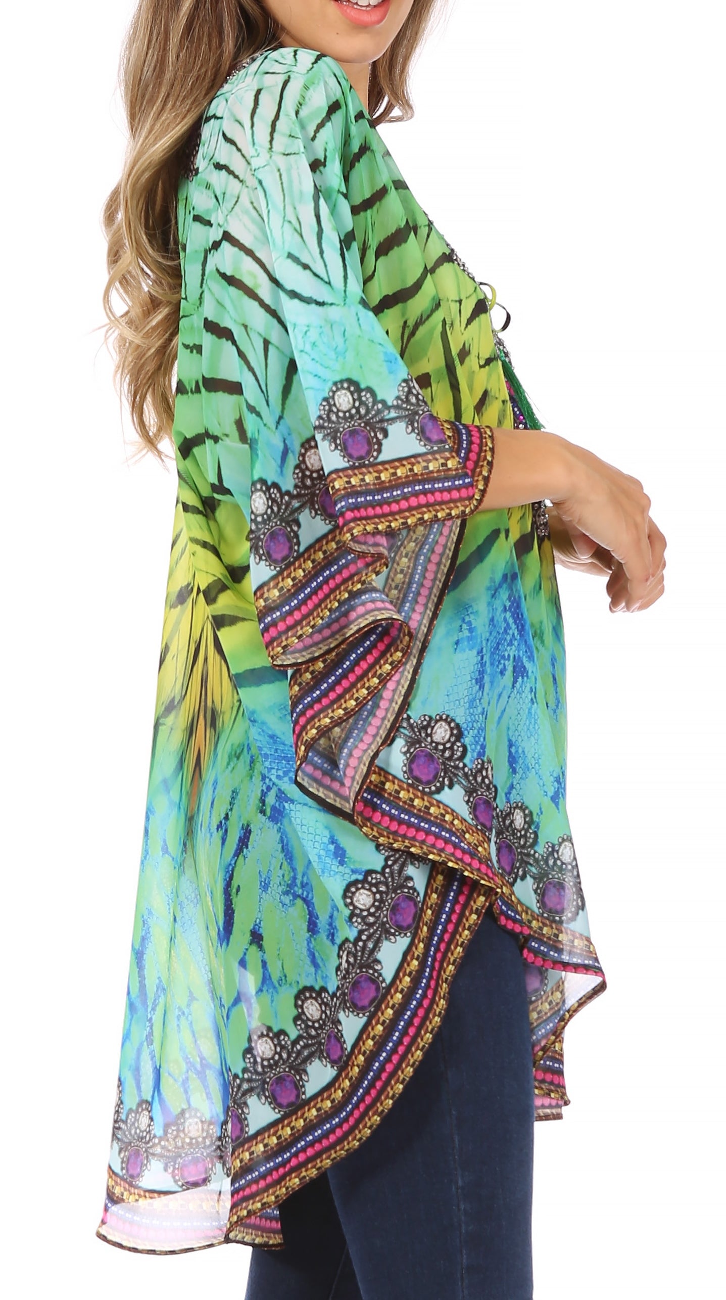 Colorful patterned kimono-style top on a white background