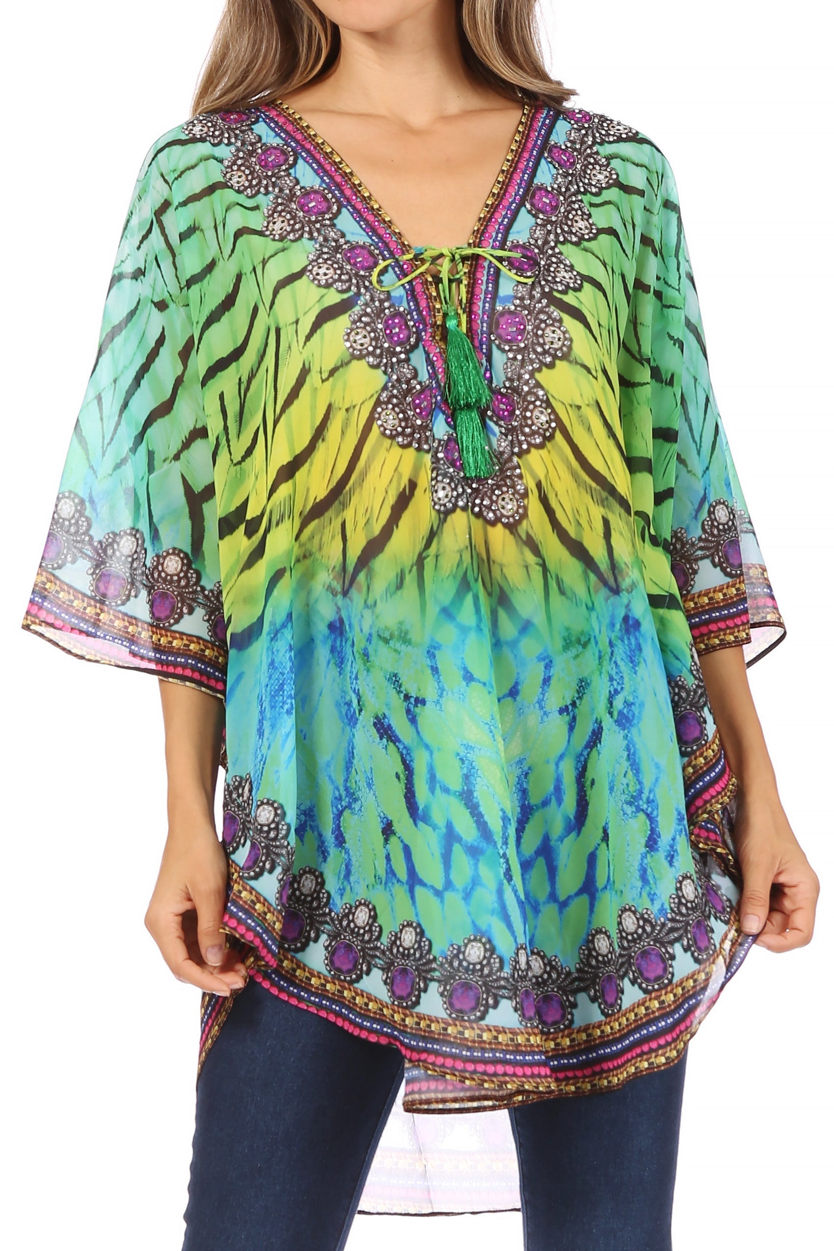 Colorful tie-dye tunic with embroidery on a white background