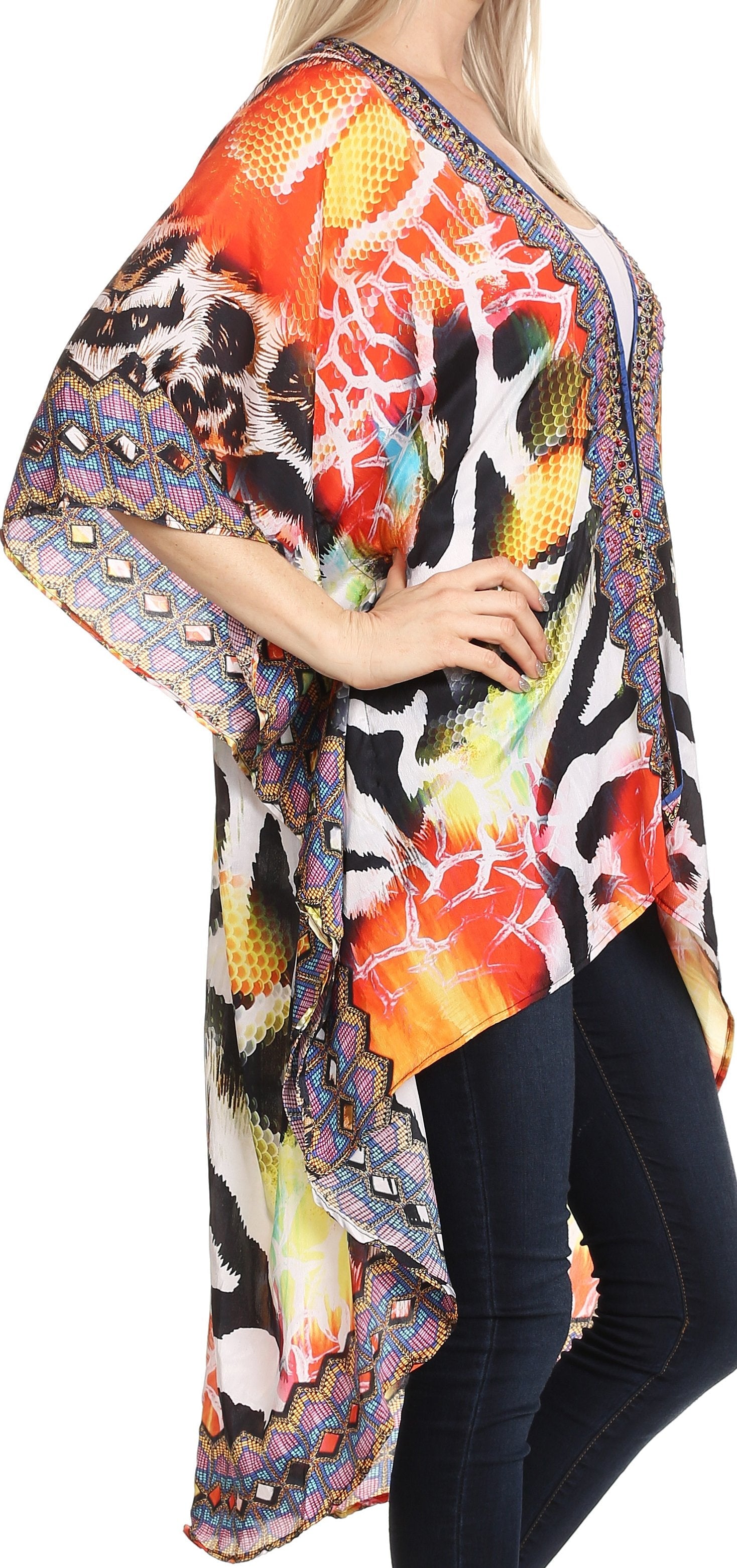 Colorful patterned kimono-style garment worn by a person