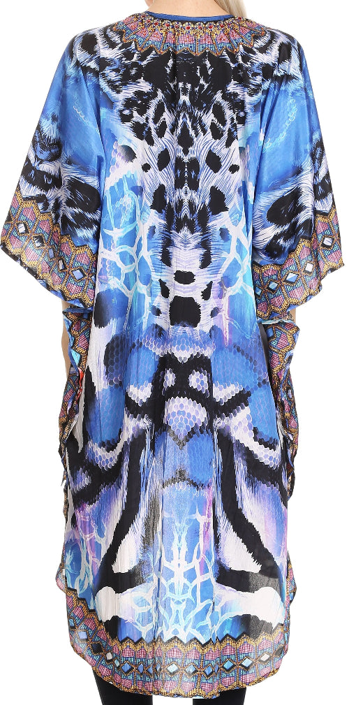 Colorful patterned dress with a white background