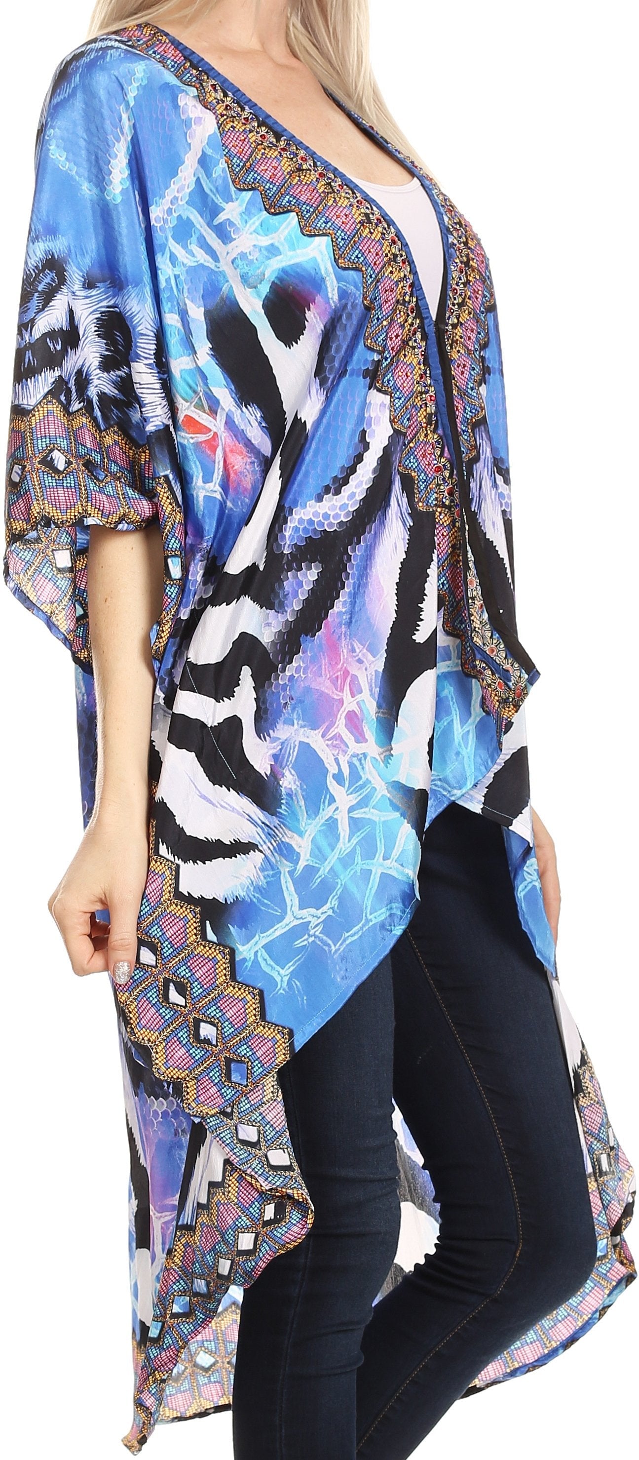 Colorful patterned kimono-style garment worn by a person