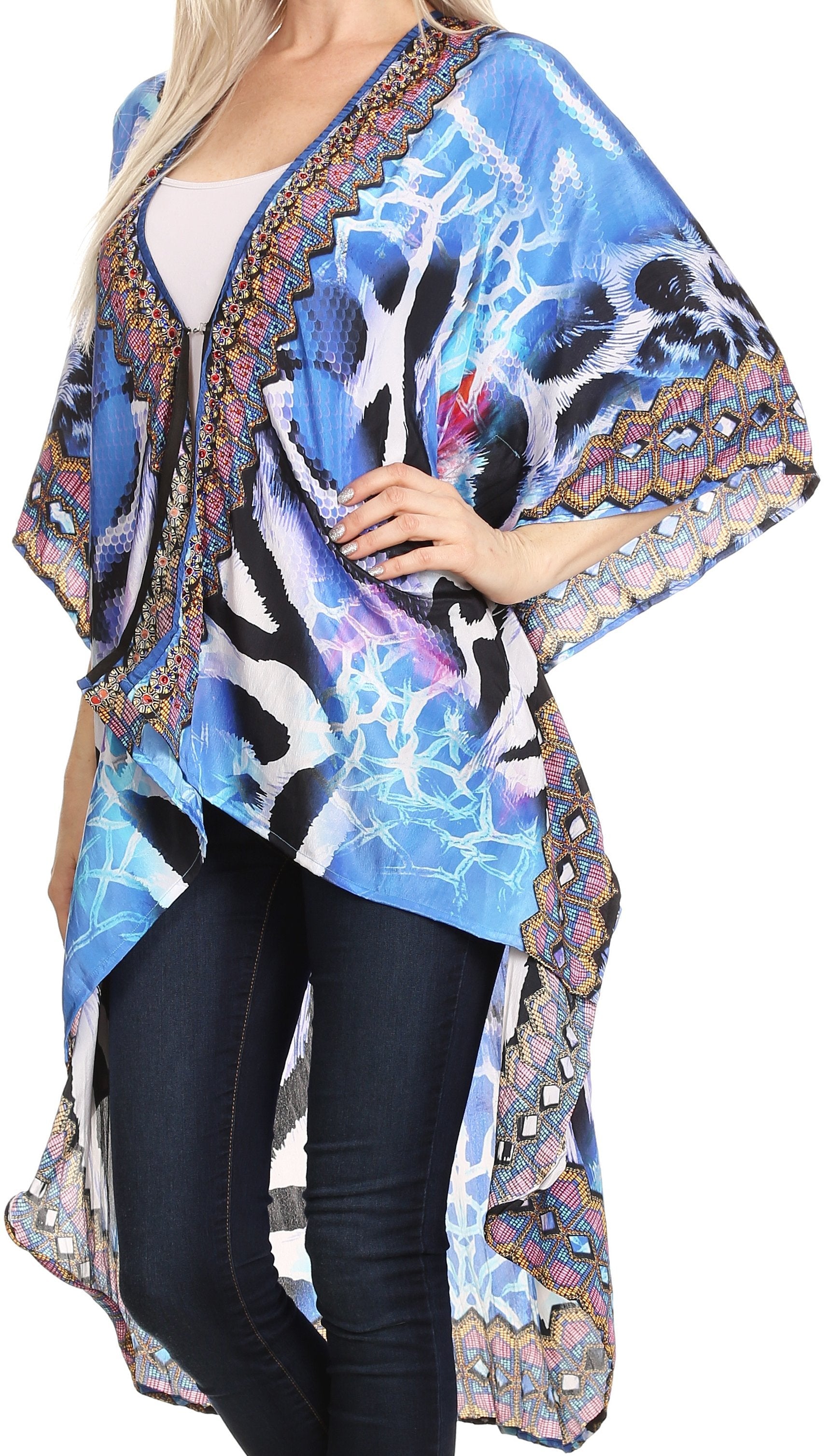 Woman wearing a colorful kimono-style garment with a white background