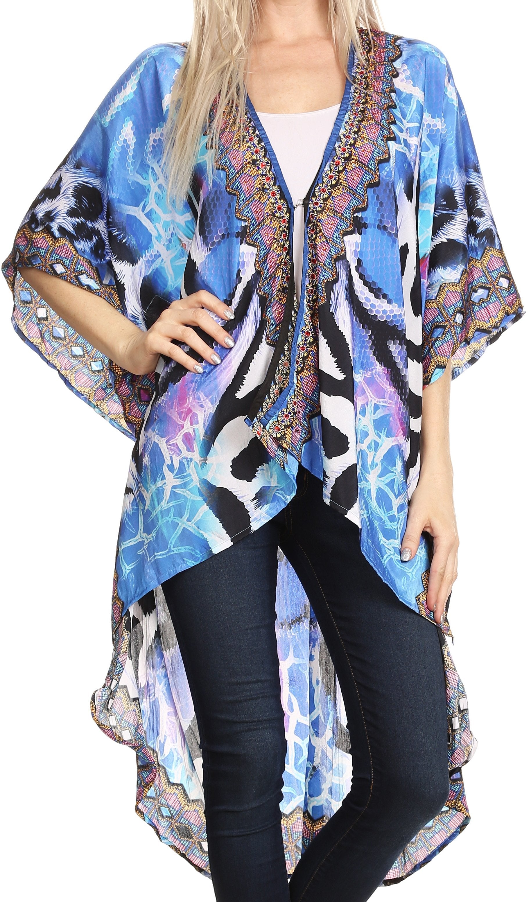 Woman wearing a colorful kimono-style garment with a white background