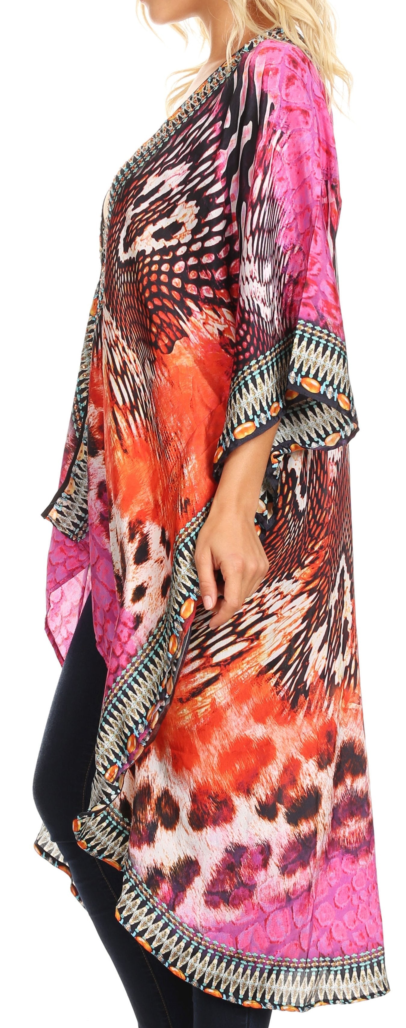 Colorful patterned kimono-style garment worn by a person
