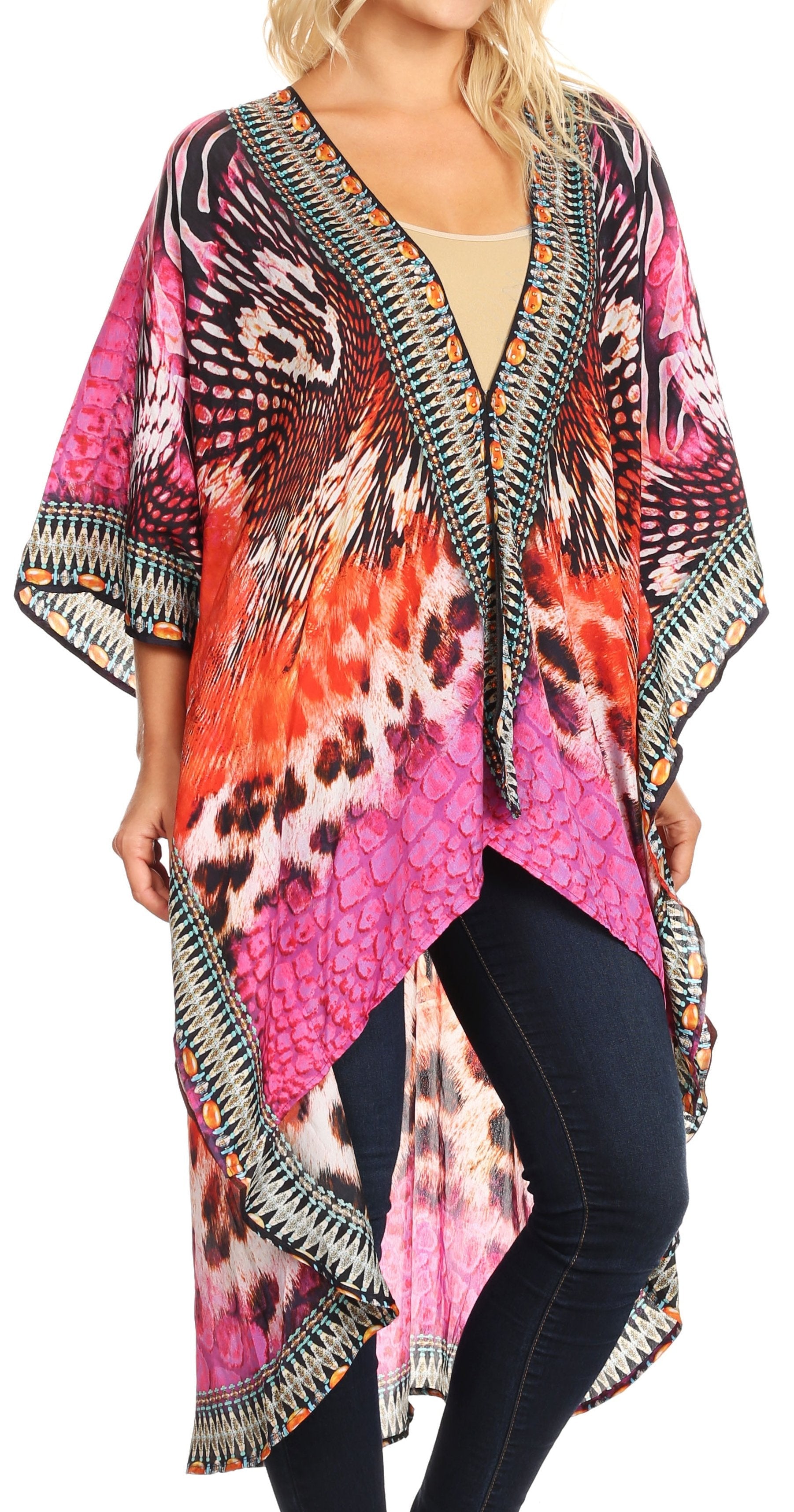 Multicolored patterned kimono-style top worn by a model on a white background