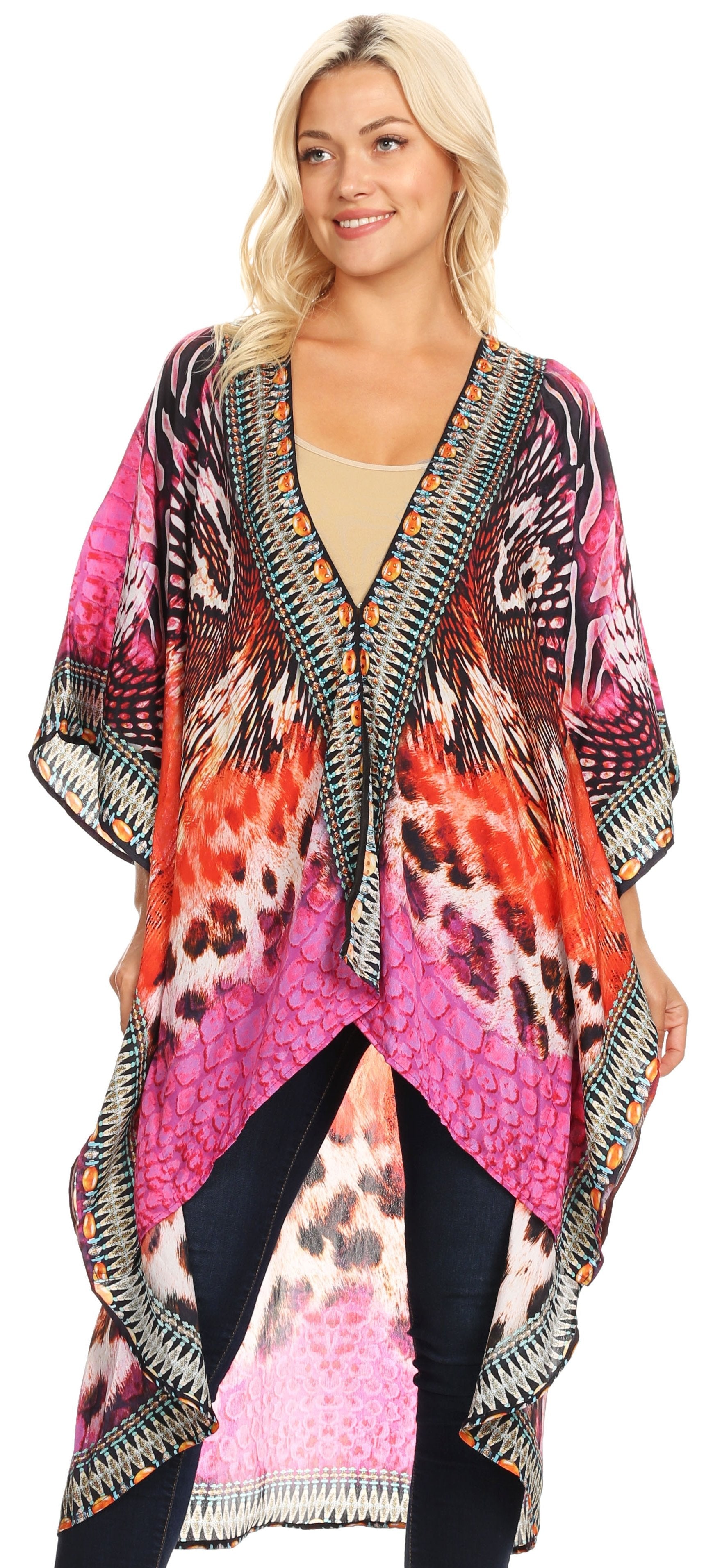 Woman wearing a colorful patterned kimono-style garment.