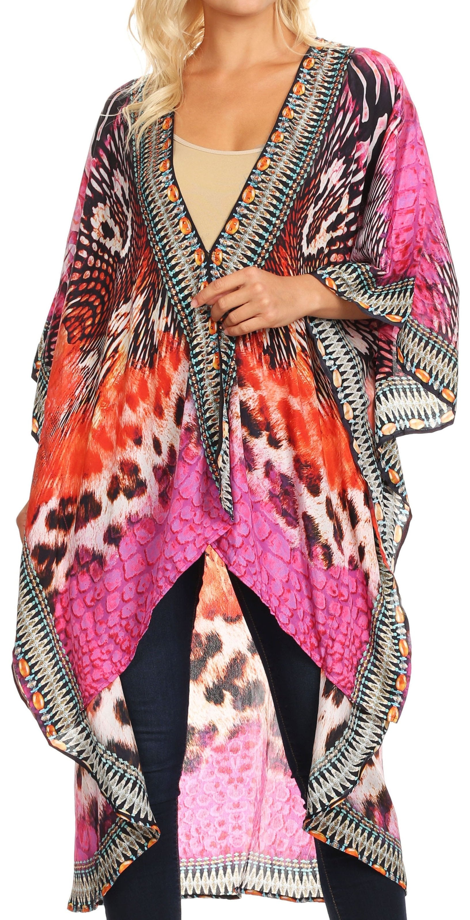Colorful patterned kimono-style garment worn by a model on a white background