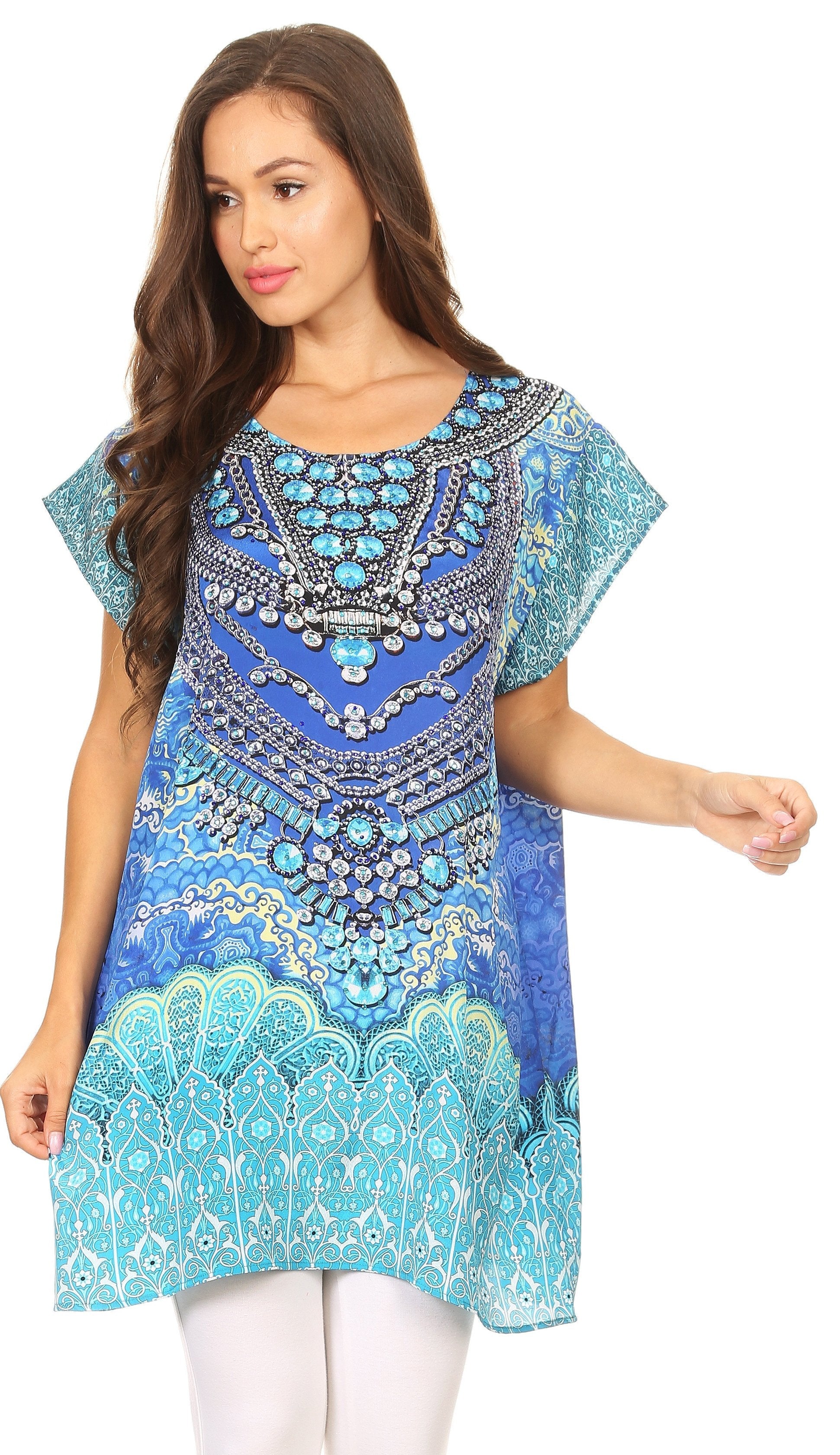 Woman wearing a blue and green patterned dress on a white background