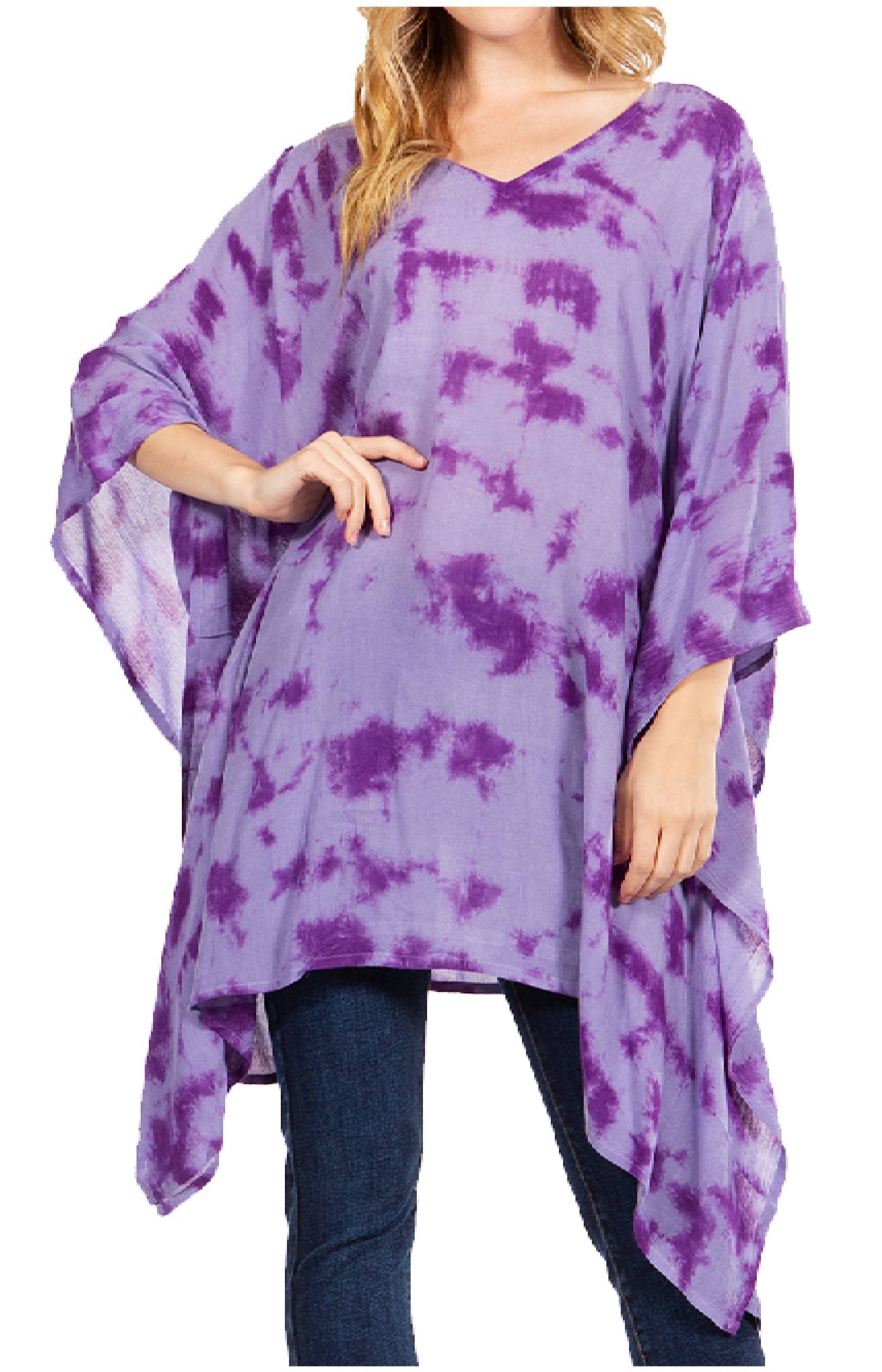 Purple tie-dye poncho worn by a person on a white background