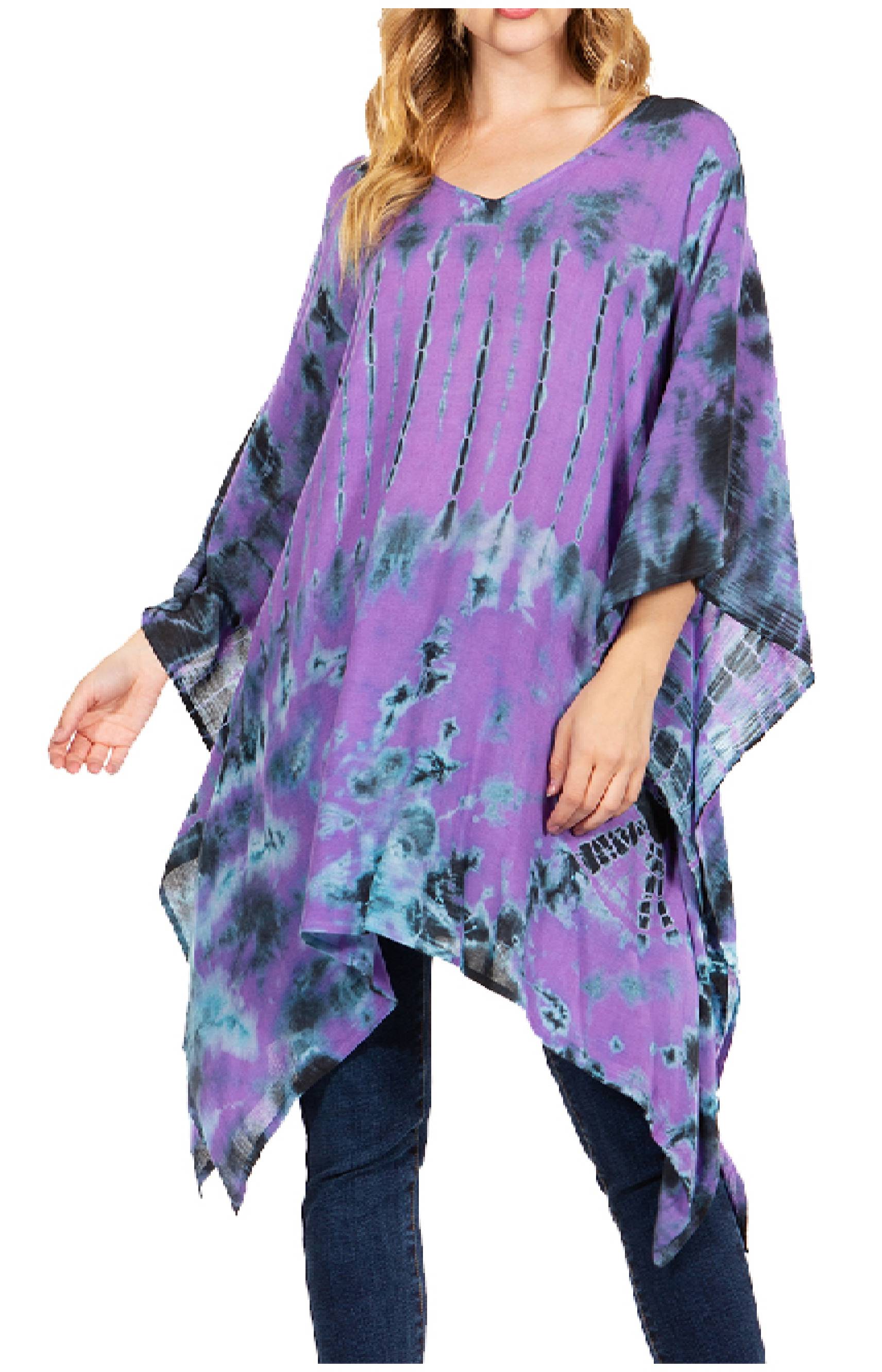 Purple tie-dye poncho worn by a person on a white background
