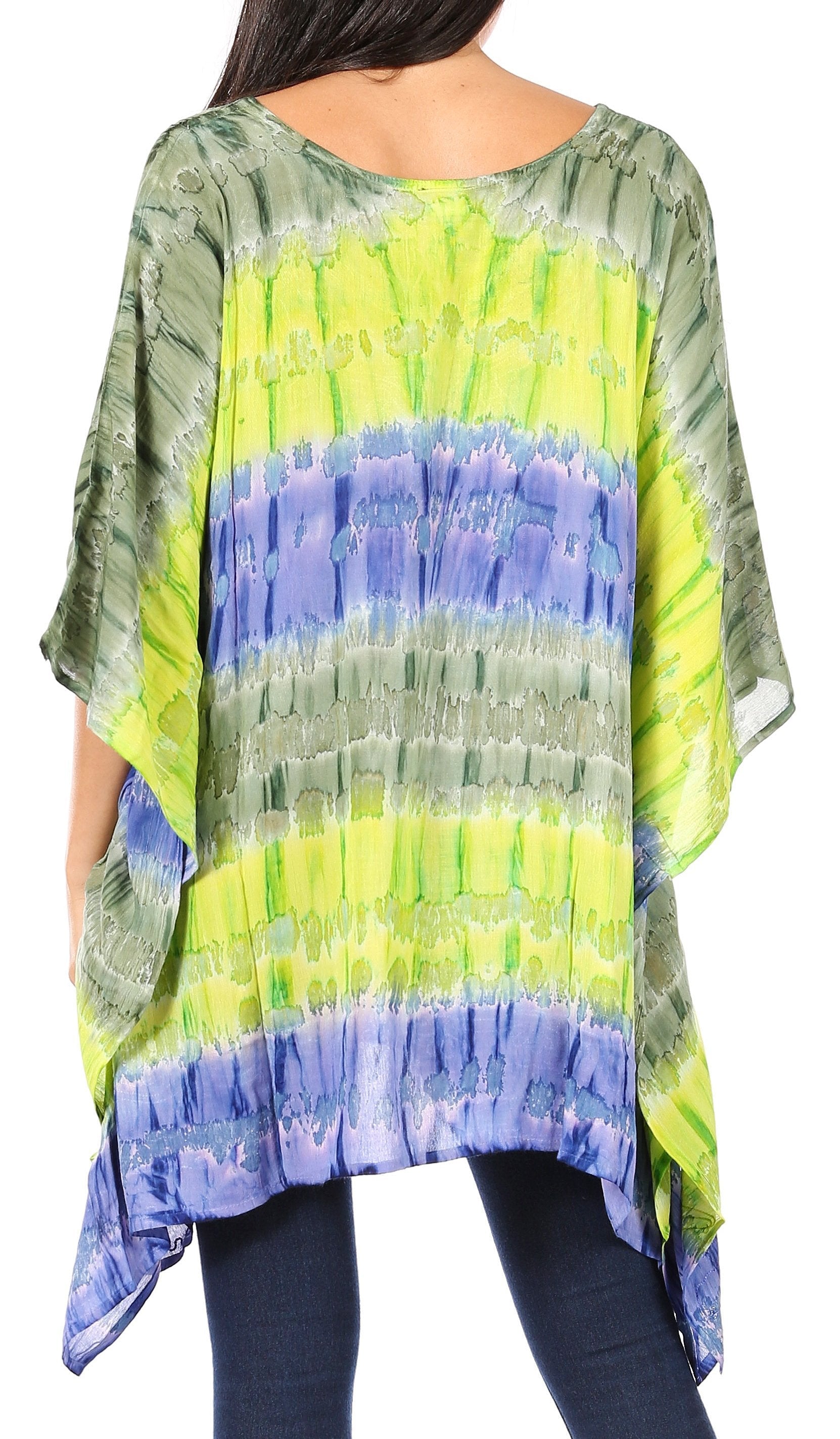 Tie-dye shirt with green, blue, and yellow pattern on a white background