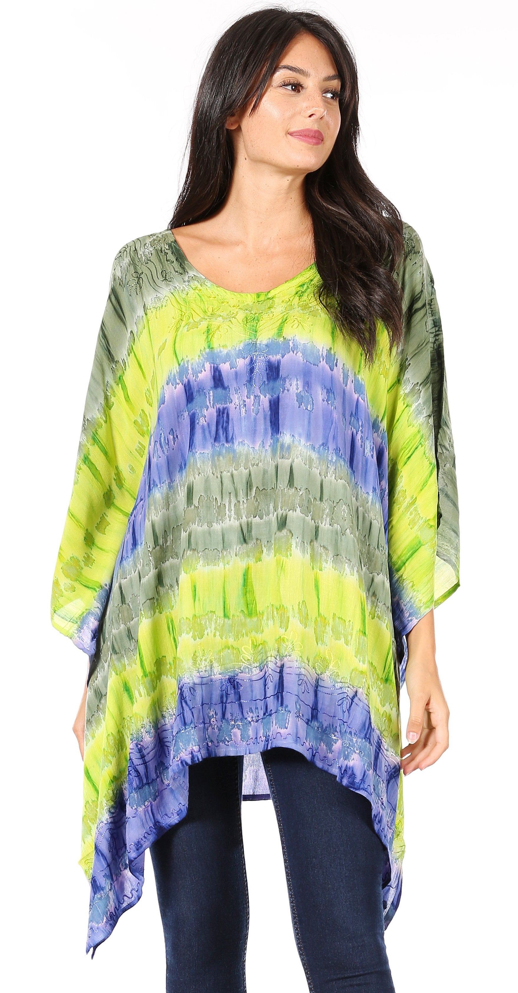 Woman wearing a colorful tie-dye shirt on a white background