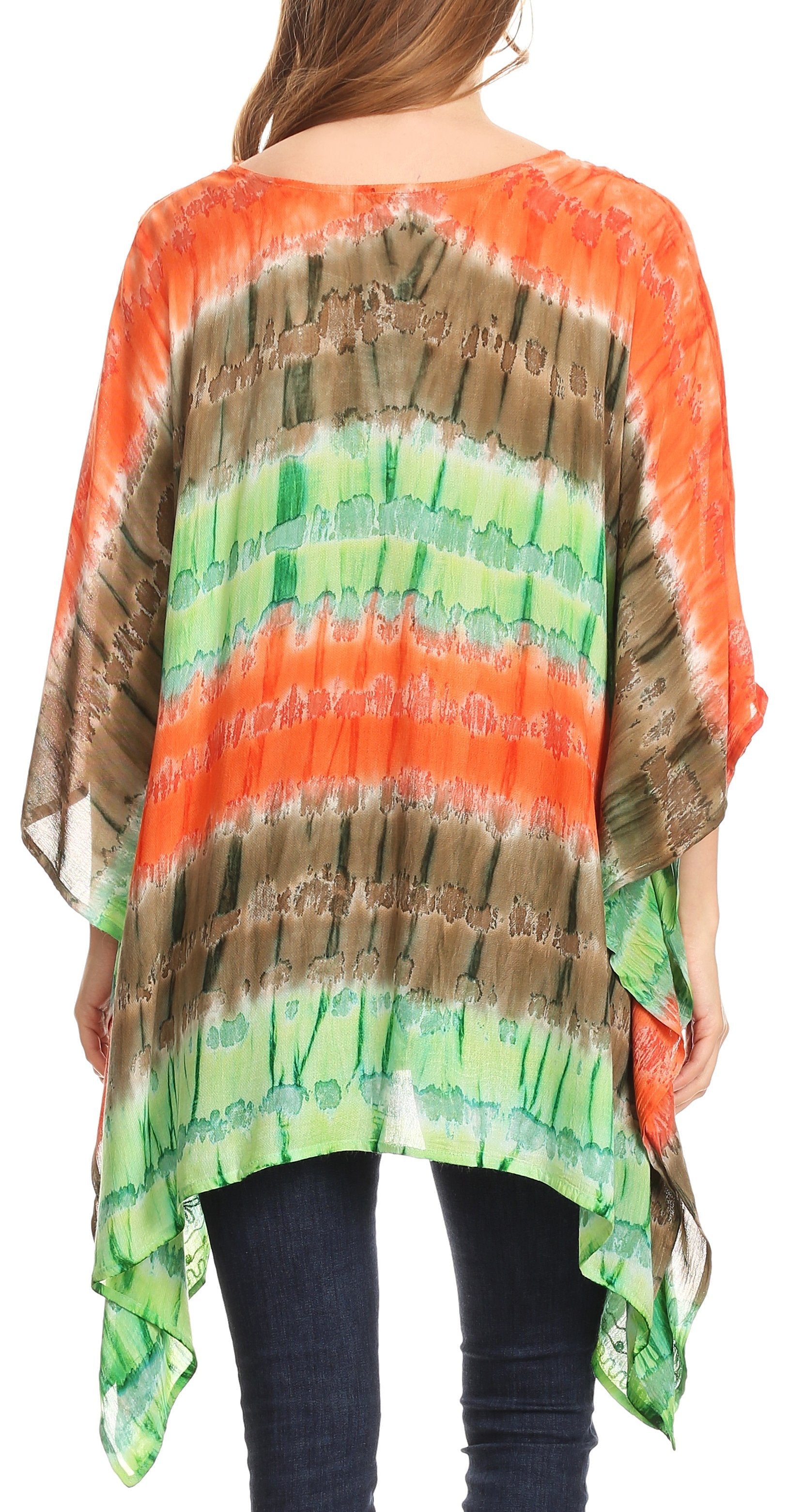 Colorful tie-dye poncho with orange, green, and brown patterns on a white background.