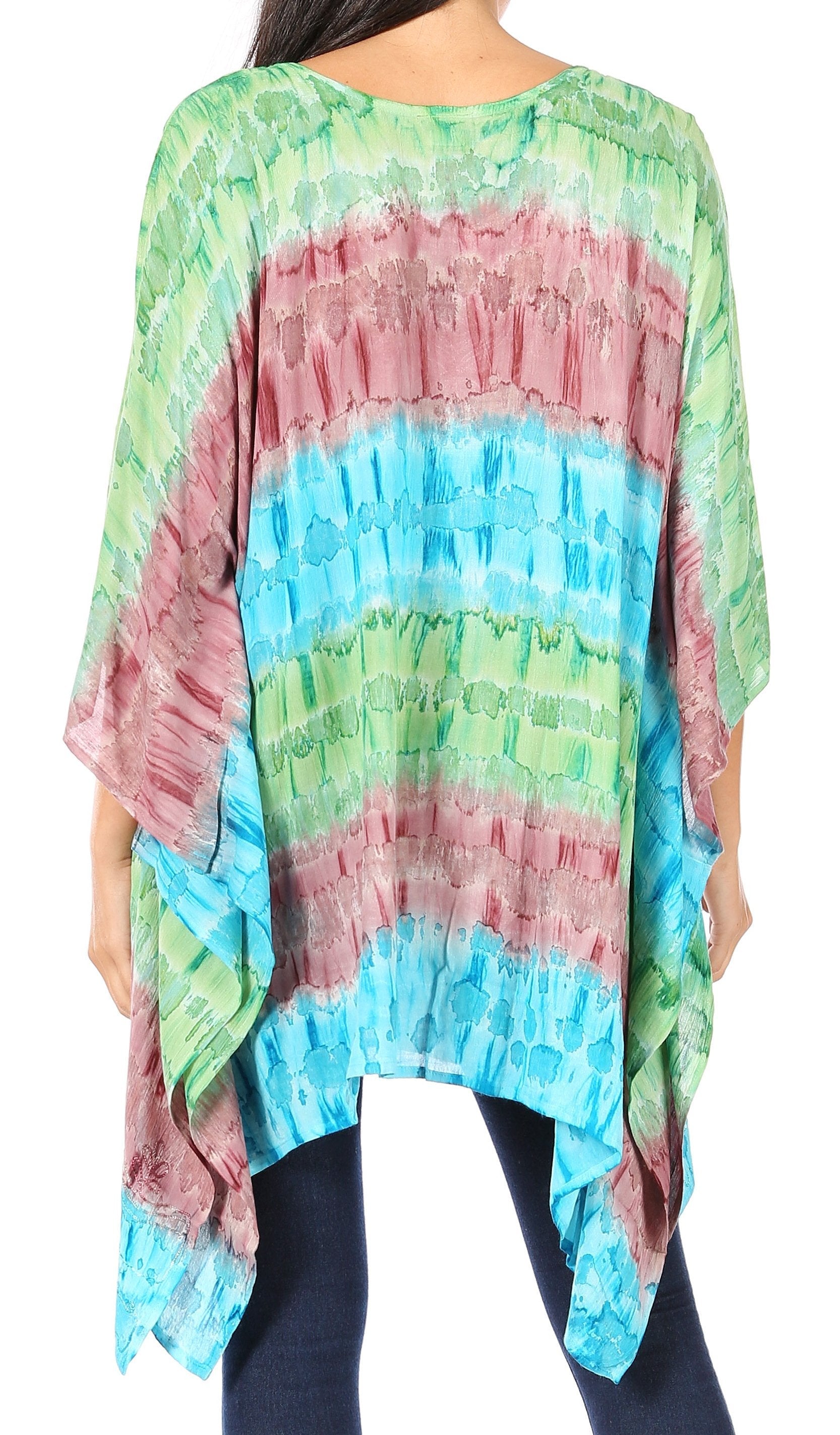 Multicolored tie-dye top worn by a person on a white background