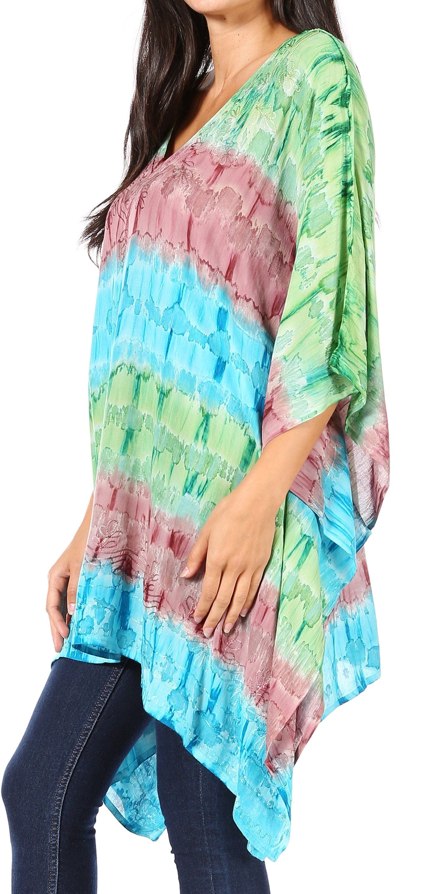 Multicolored tie-dye caftan worn by a person on a white background