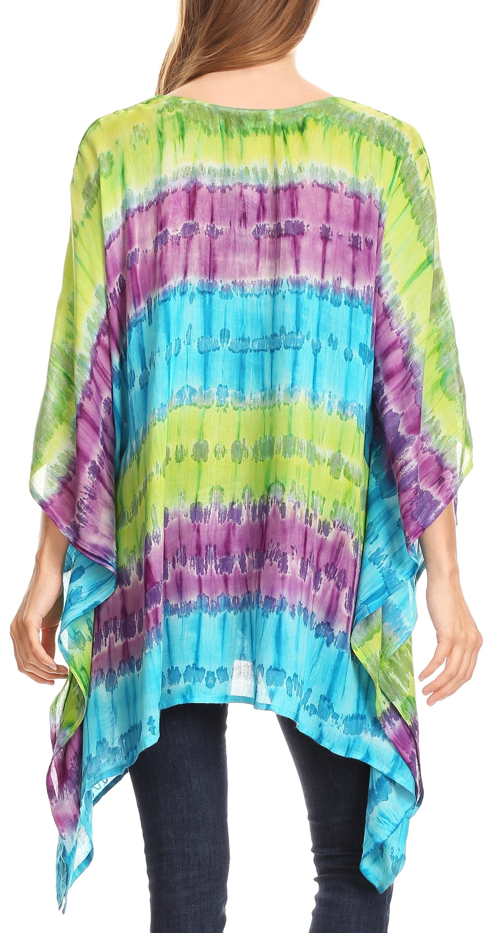 Multicolored tie-dye top worn by a person on a white background